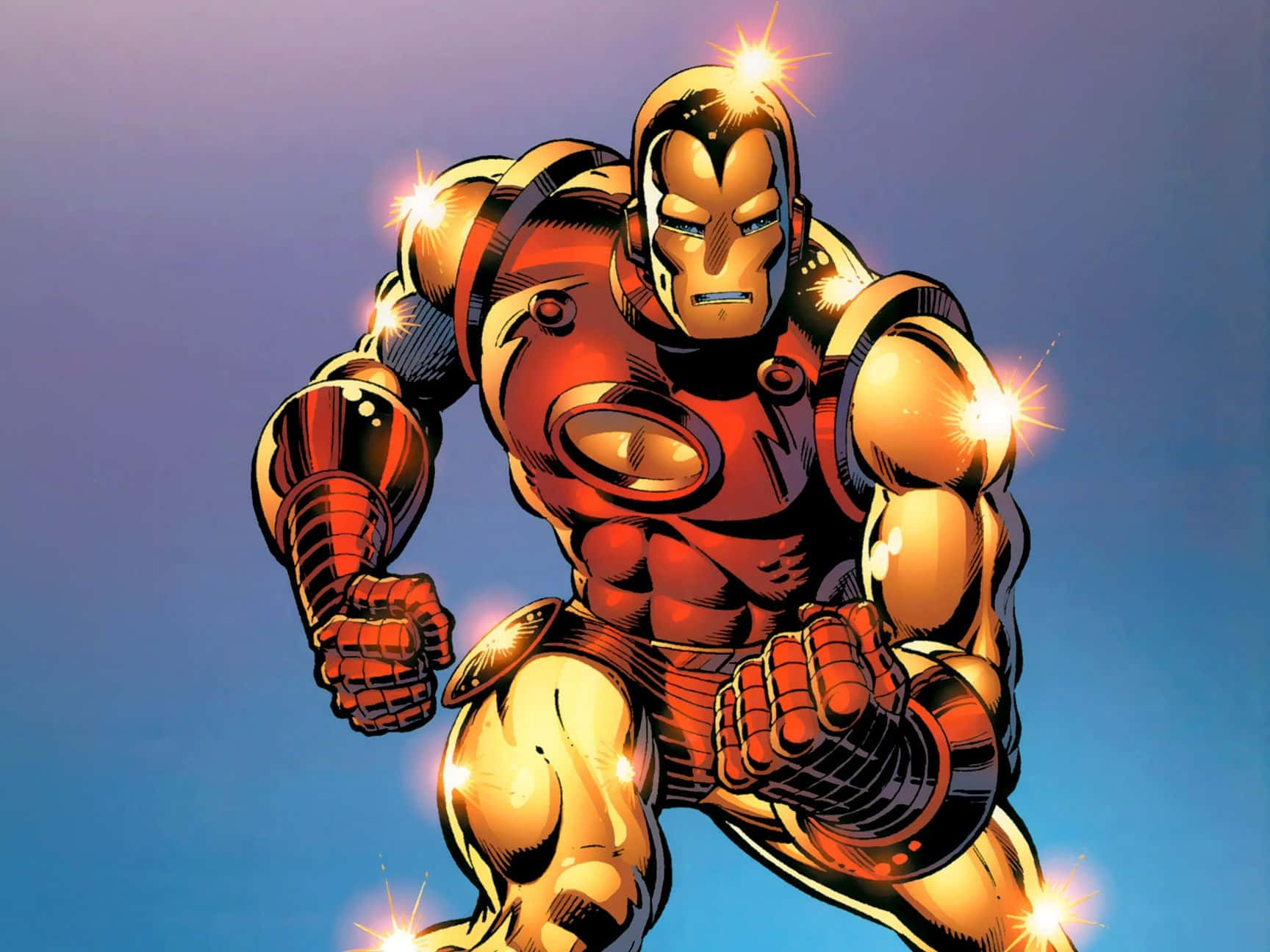 Iron Man Comics 桌布 壁紙 — 鐵甲奇俠身穿金色和紅色裝甲，在漸變藍色天空背景下強勢站立，戰衣上帶有發光高光。
