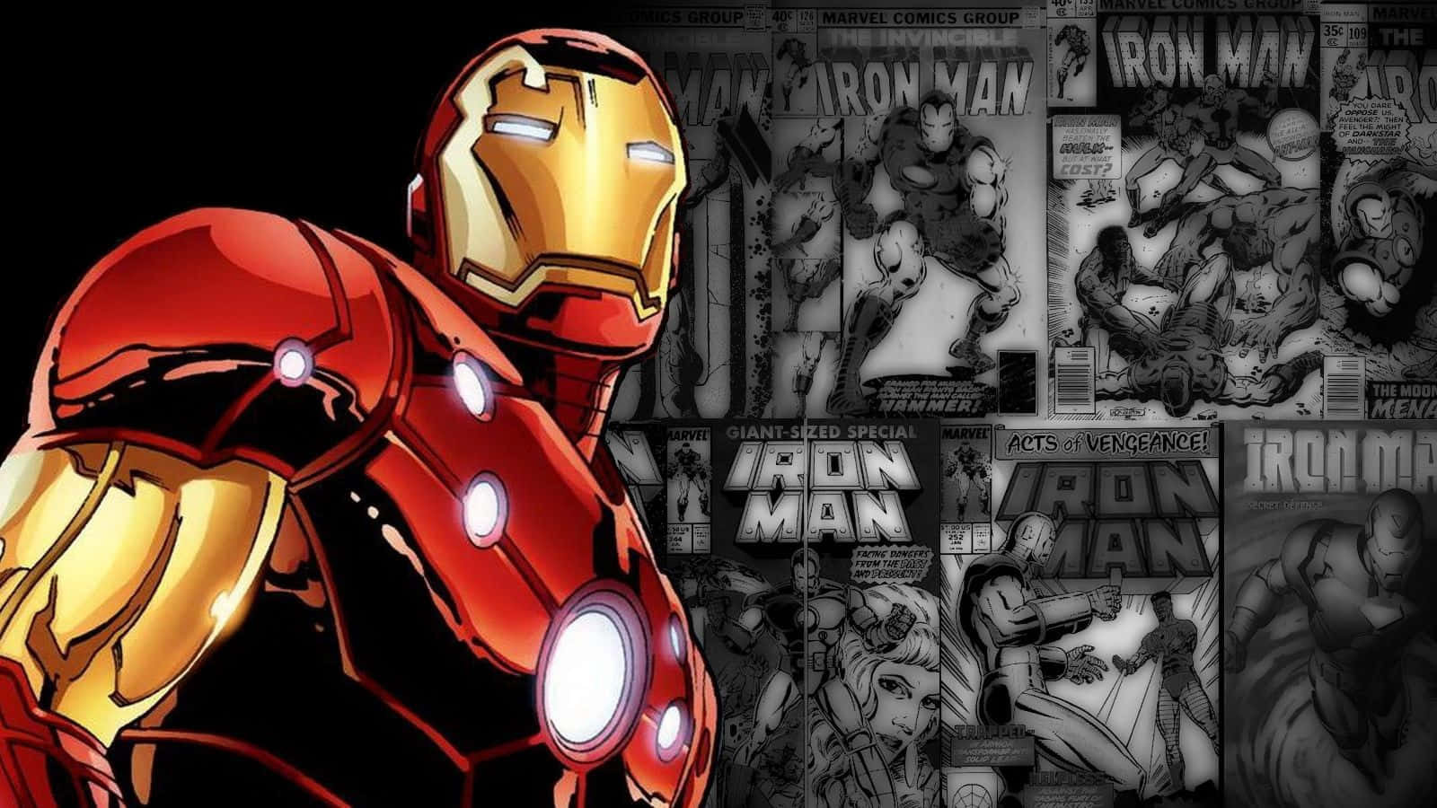 Iron Man Comics 桌布 壁紙 — 鐵甲奇俠身穿鮮豔的紅色和金色裝甲，在展示其冒險經歷的黑白漫畫面板背景前突出地站立。