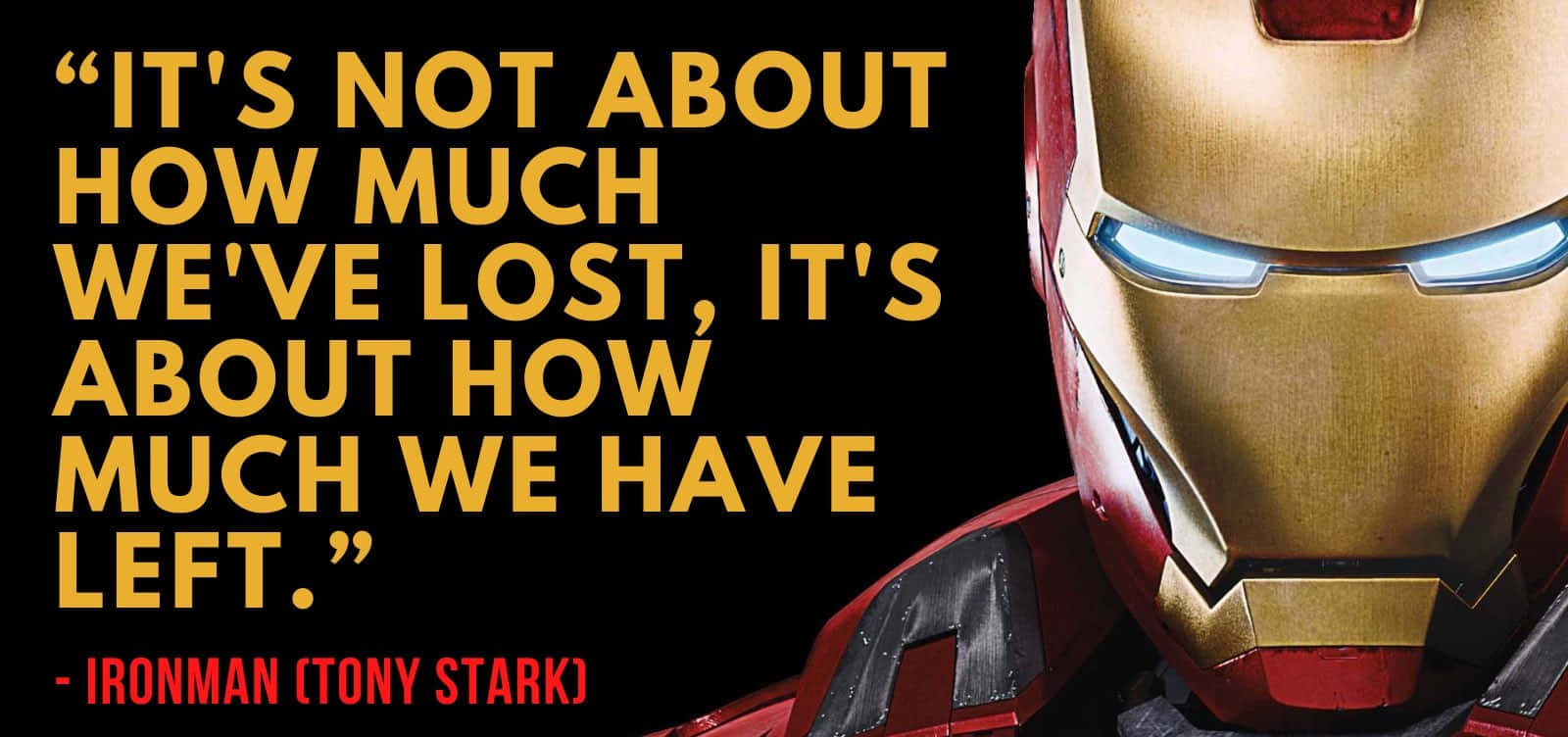 Iron Man Quotes 桌布 壁紙 — 鐵甲奇俠頭盔特寫，藍色發光眼睛，黑色背景上粗體黃色引文文字。