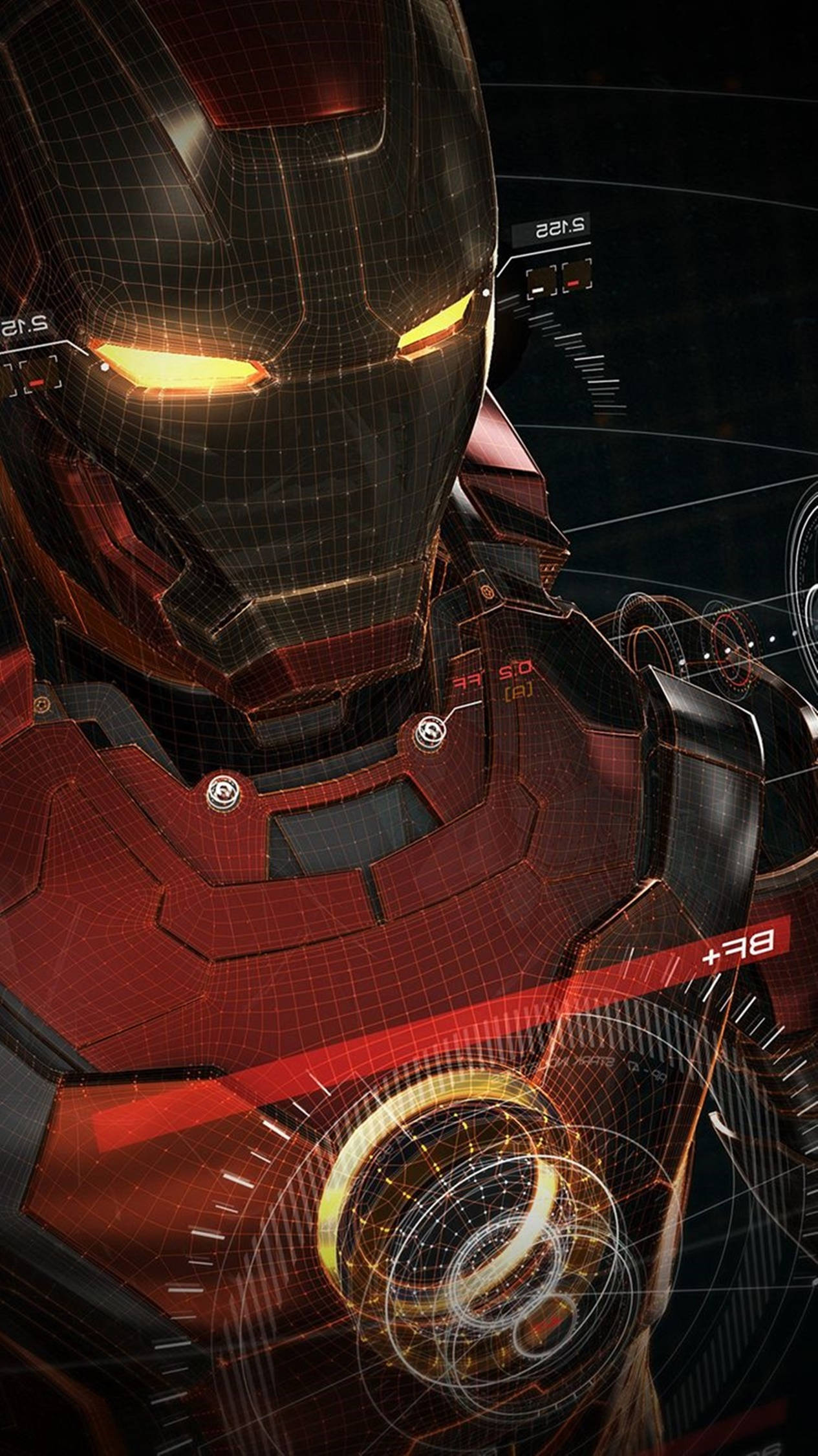 Iron Man Full HD 桌布 壁紙 — 鐵甲奇俠頭盔的特寫，帶有發光的黃色眼睛和紅色裝甲，背景為深色數碼界面。
