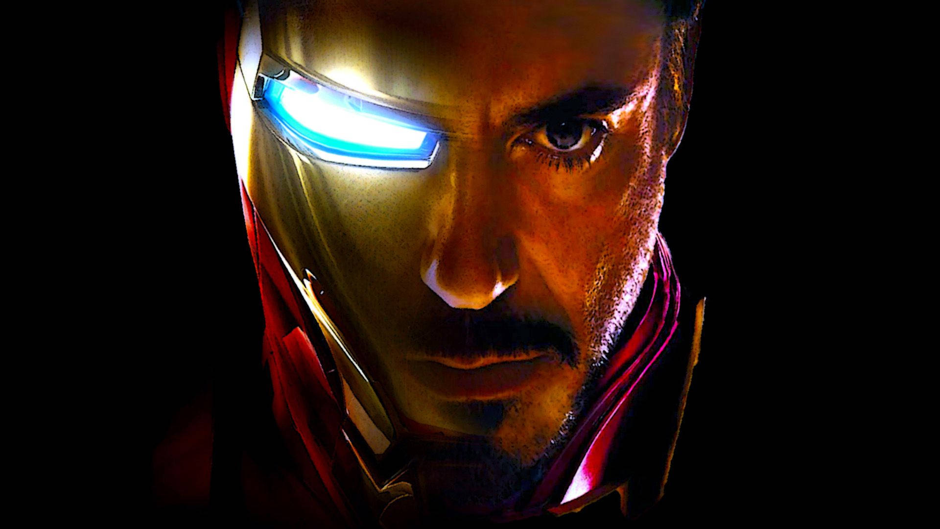 tony stark 桌布 壁紙 — 鐵甲奇俠頭盔的特寫，藍色眼睛在黑暗背景中發光。