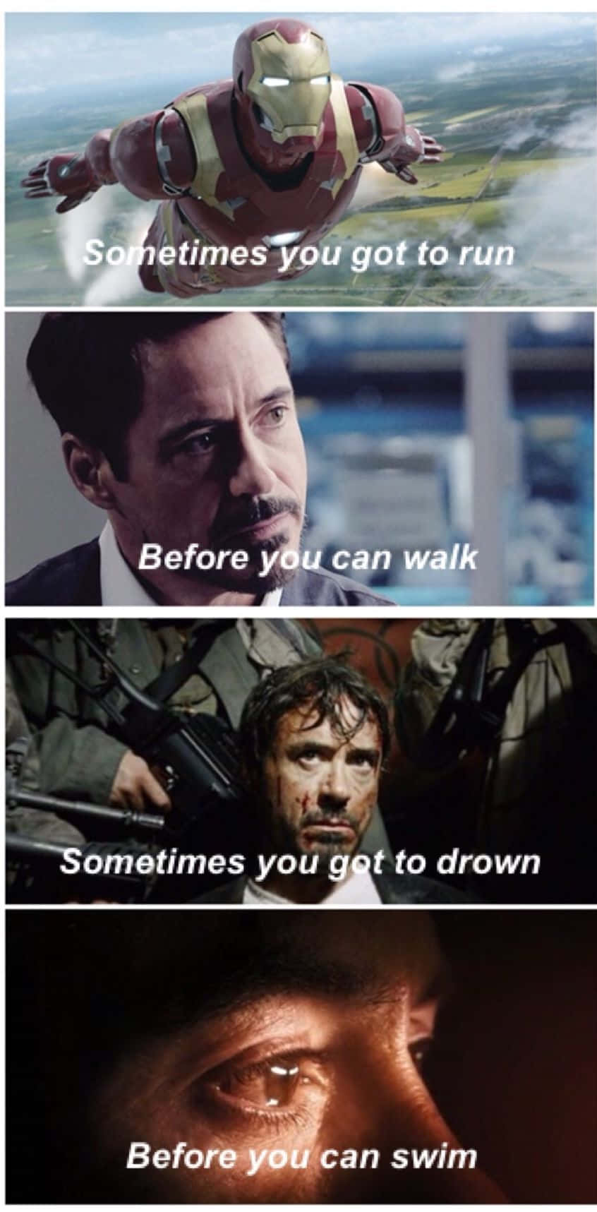 Iron Man Quotes 桌布 壁紙 — 鐵甲奇俠飛越風景，迷因條顯示東尼史達在各種激烈場景中，附有勵志文字覆蓋。