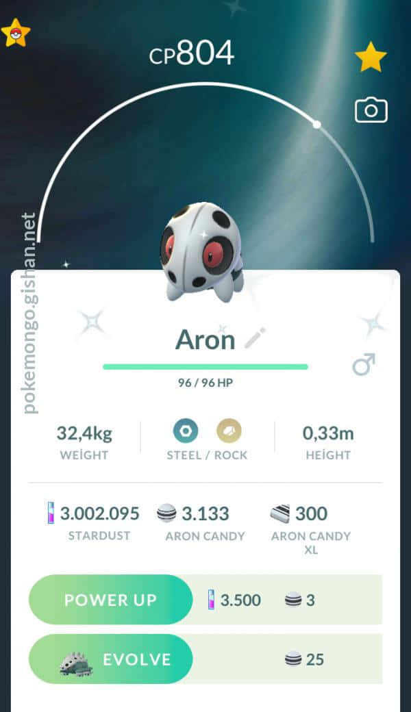 鐵甲寶可夢 Aron 堅定站立 壁紙 — Aron 寶可夢個人資料畫面，在黑暗宇宙背景下顯示統計數據和進化選項。