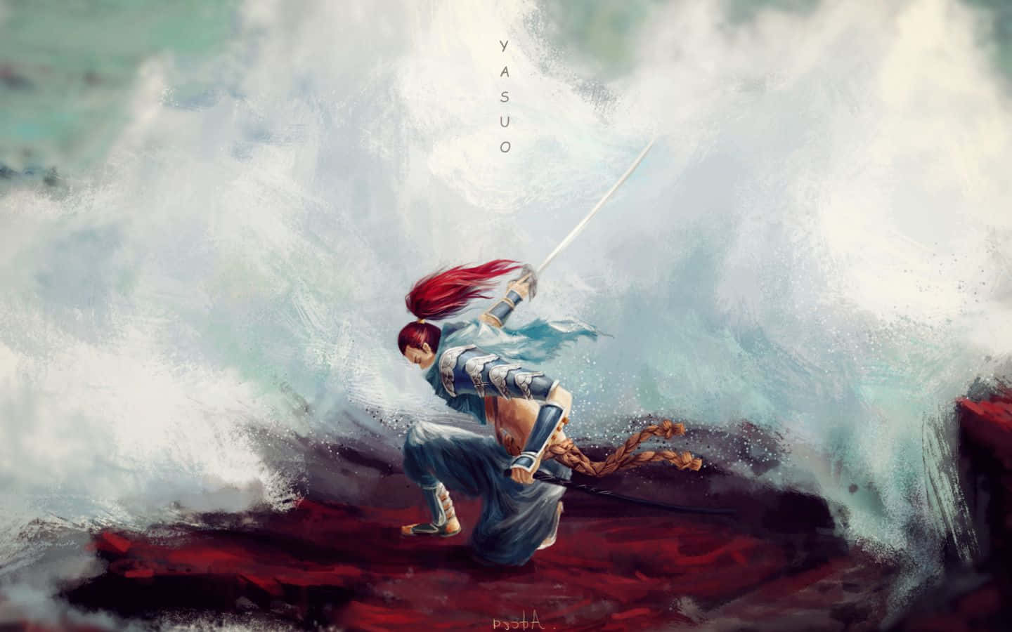 紅髮動漫戰士手持發光劍躍過暴風雨波浪。
