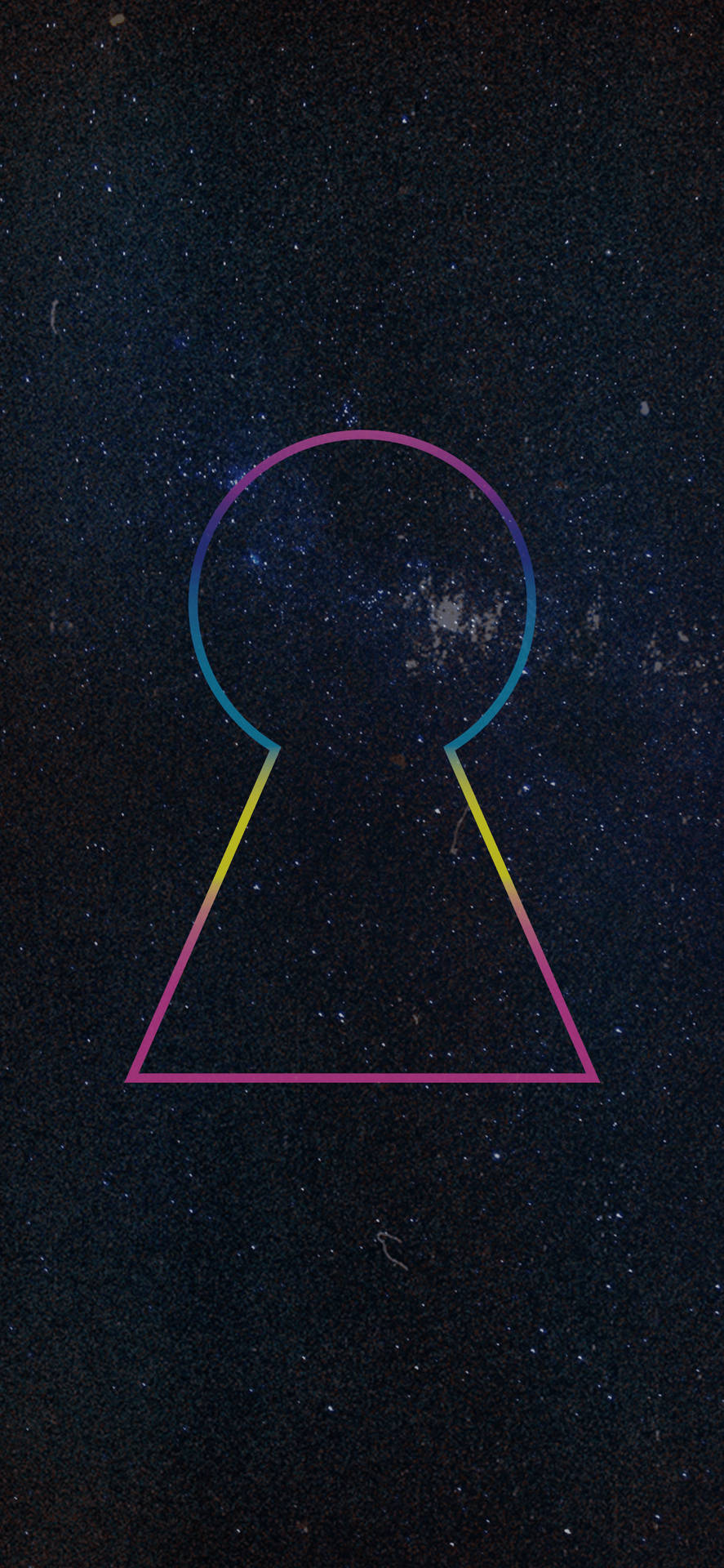 在佈滿星星的太空背景下，一個色彩繽紛的鑰匙孔形狀。