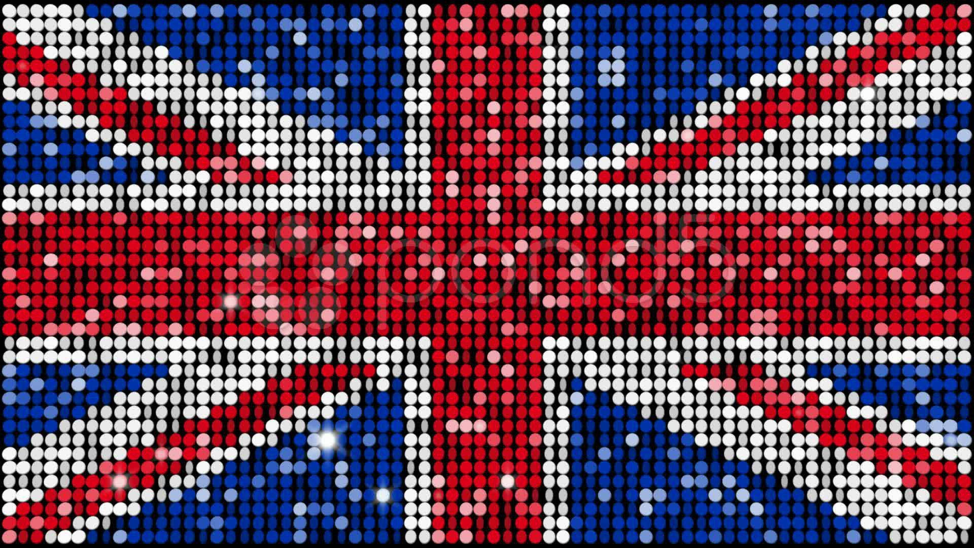 鑲嵌亮片的英國國旗 壁紙 — 一面閃爍的英國國旗以充滿活力的像素化點狀馬賽克呈現，帶有閃閃發光的亮片狀點點。