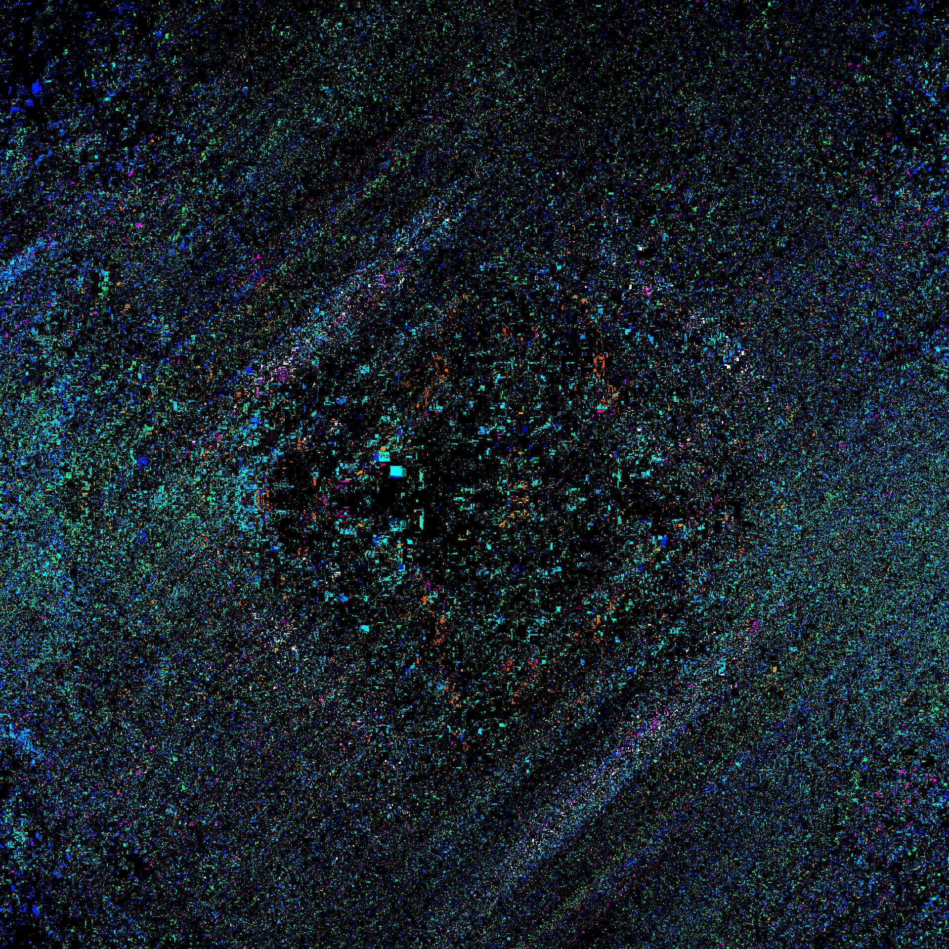 充滿活力的藍綠色和橙色宇宙粒子在黑暗星雲中旋轉。