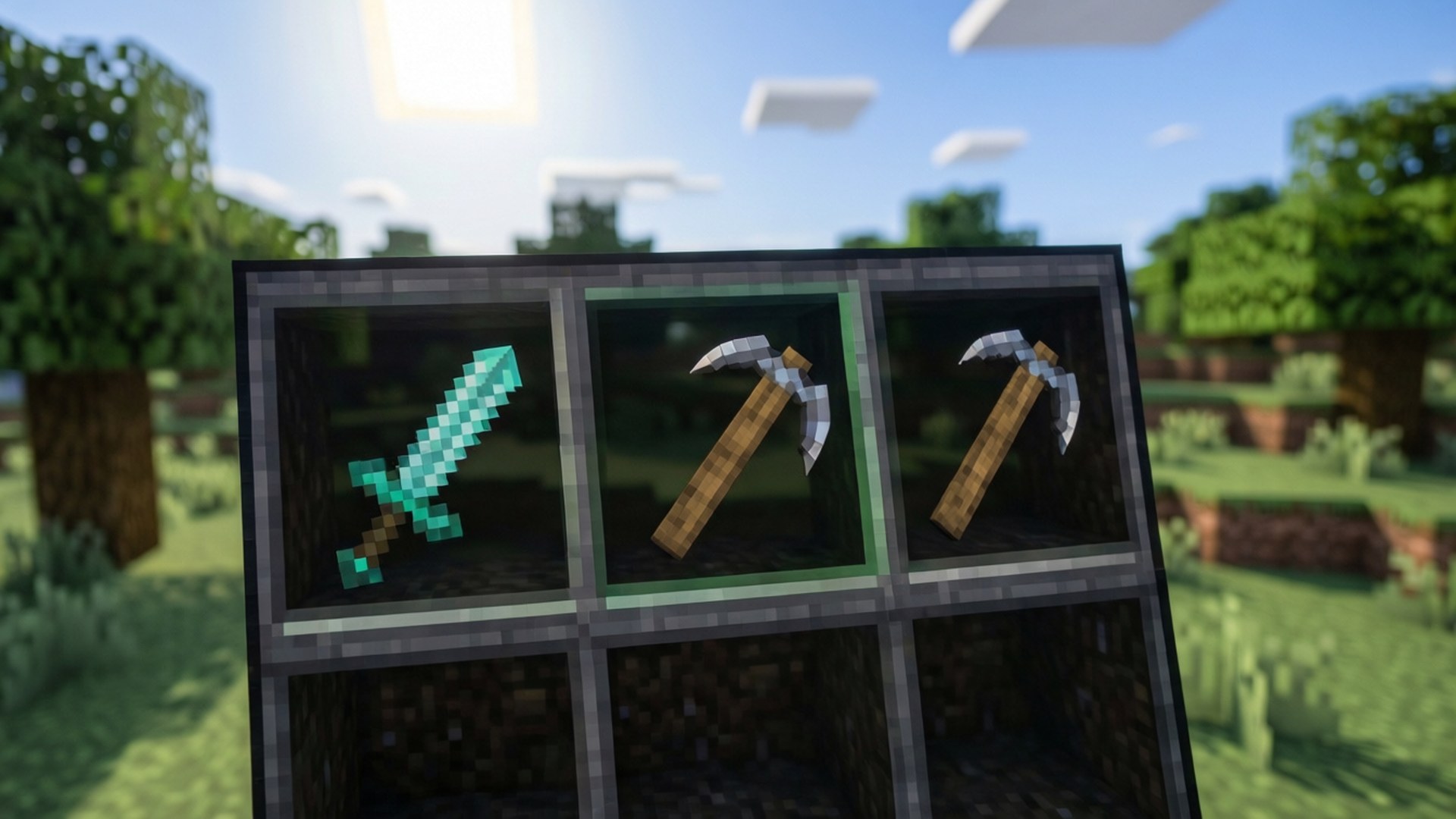 Minecraft 物品欄顯示鑽石劍同石斧喺草地森林場景中。
