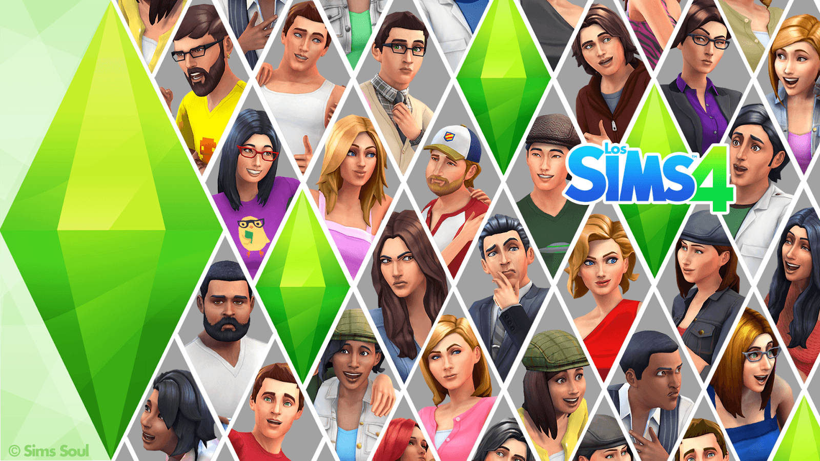 《The Sims 4》的宣傳藝術作品，展示了一個由多樣化角色肖像組成的網格。
