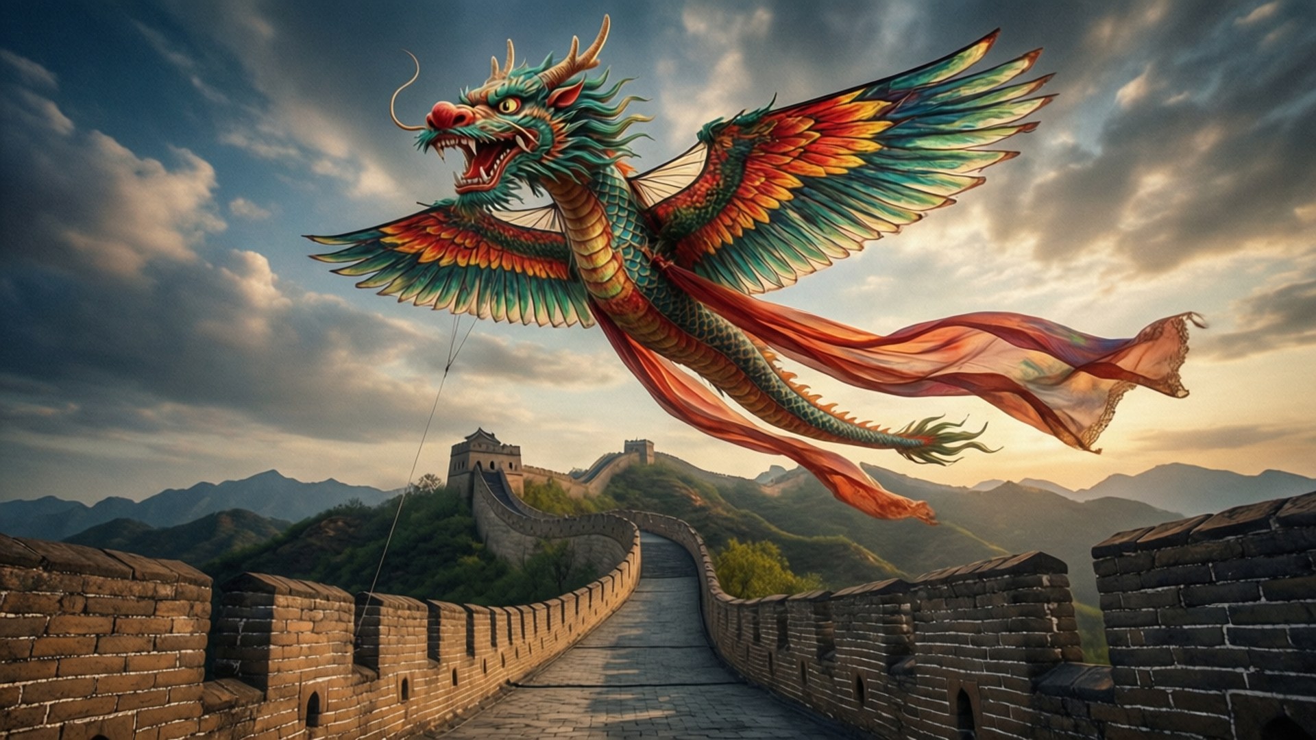 長城上的龍風箏 壁紙