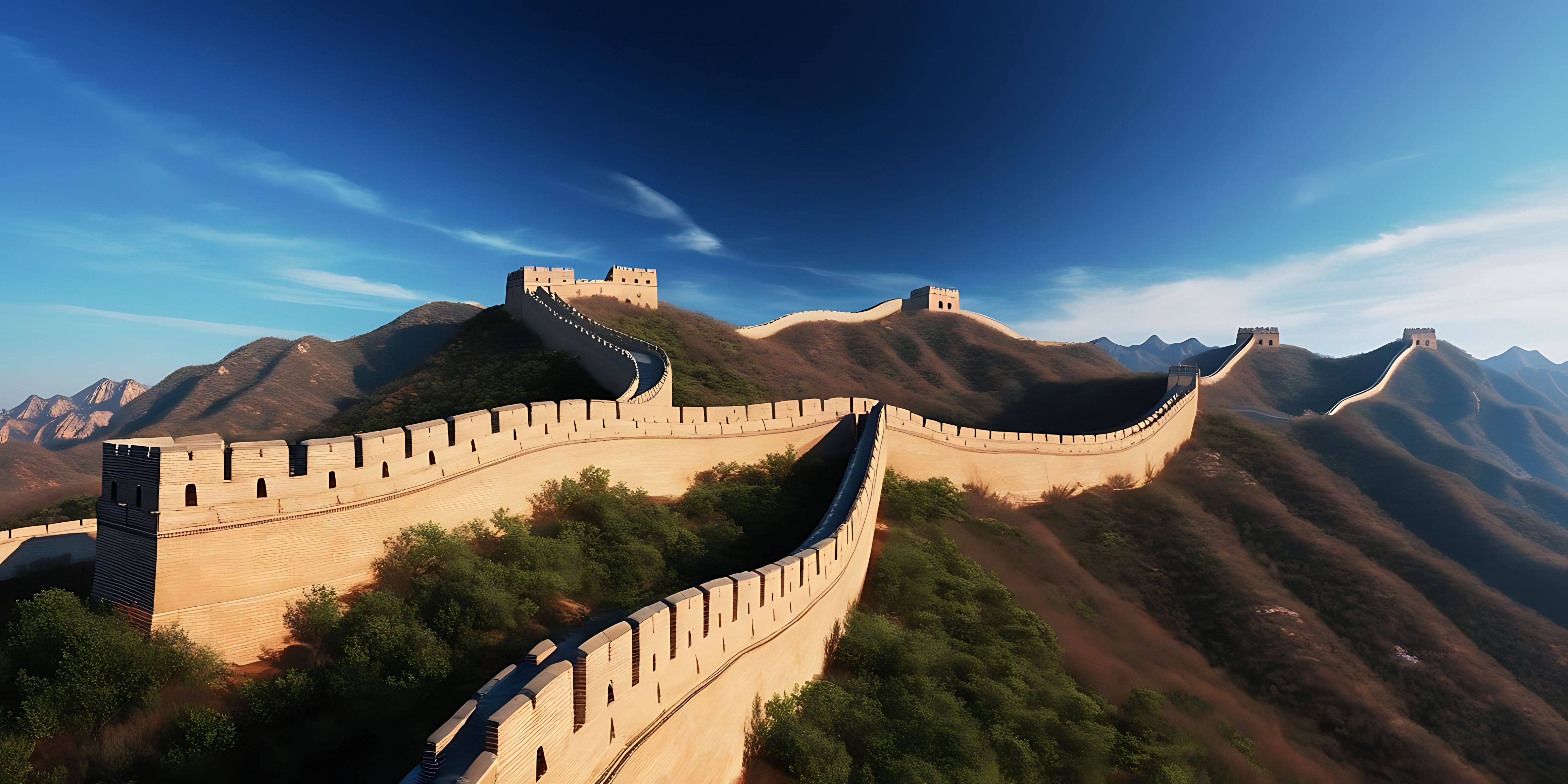 長城風景 壁紙 — 長城在陽光普照的山巒間蜿蜒，天空深藍，薄雲點綴。
