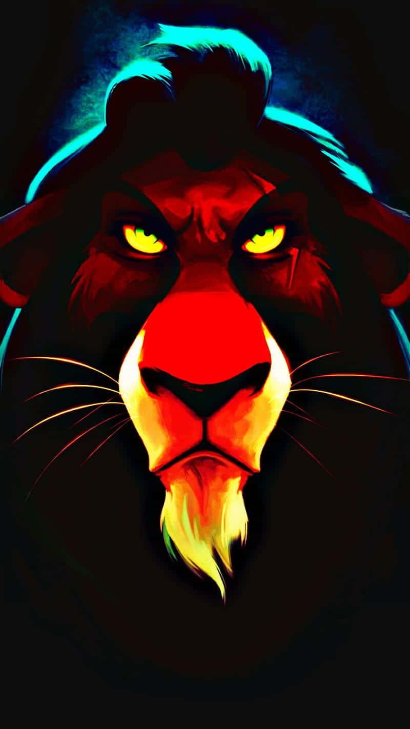 長壽之王——迪士尼《獅子王》中的反派刀疤 壁紙 — 數碼渲染的獅子臉在黑色背景上閃耀著火橙色和電光藍色的亮點。