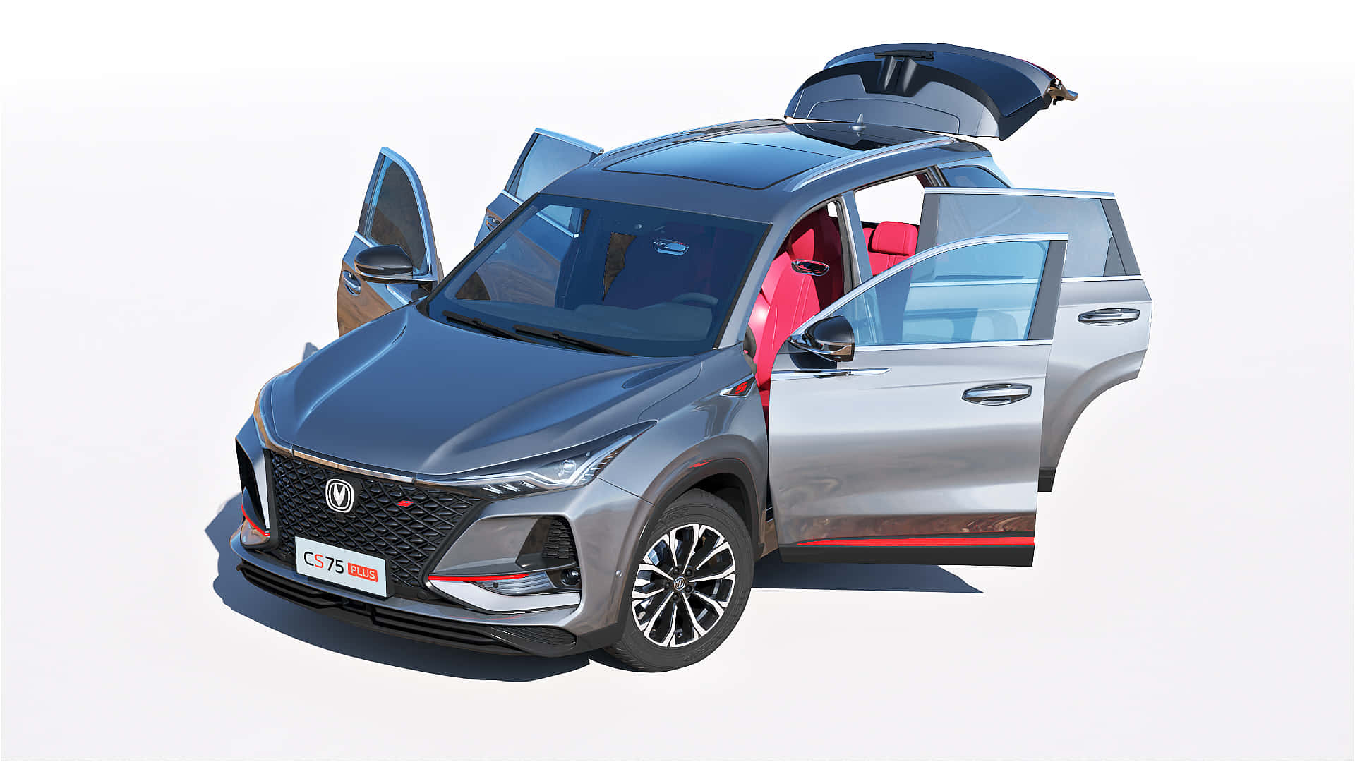 長安CS75 PLUS外觀與內部空間 壁紙 — 一輛時尚的灰色SUV，車門和尾門敞開，在潔白背景襯托下展示紅色內飾。