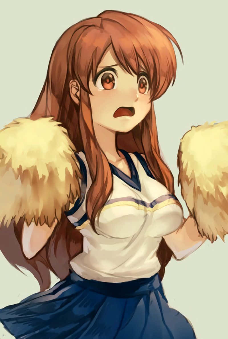 Mikuru Asahina 桌布 壁紙 — 長棕色頭髮、毛茸茸啦啦隊彩球的動漫啦啦隊員在柔和的綠色背景前顯得很驚訝。