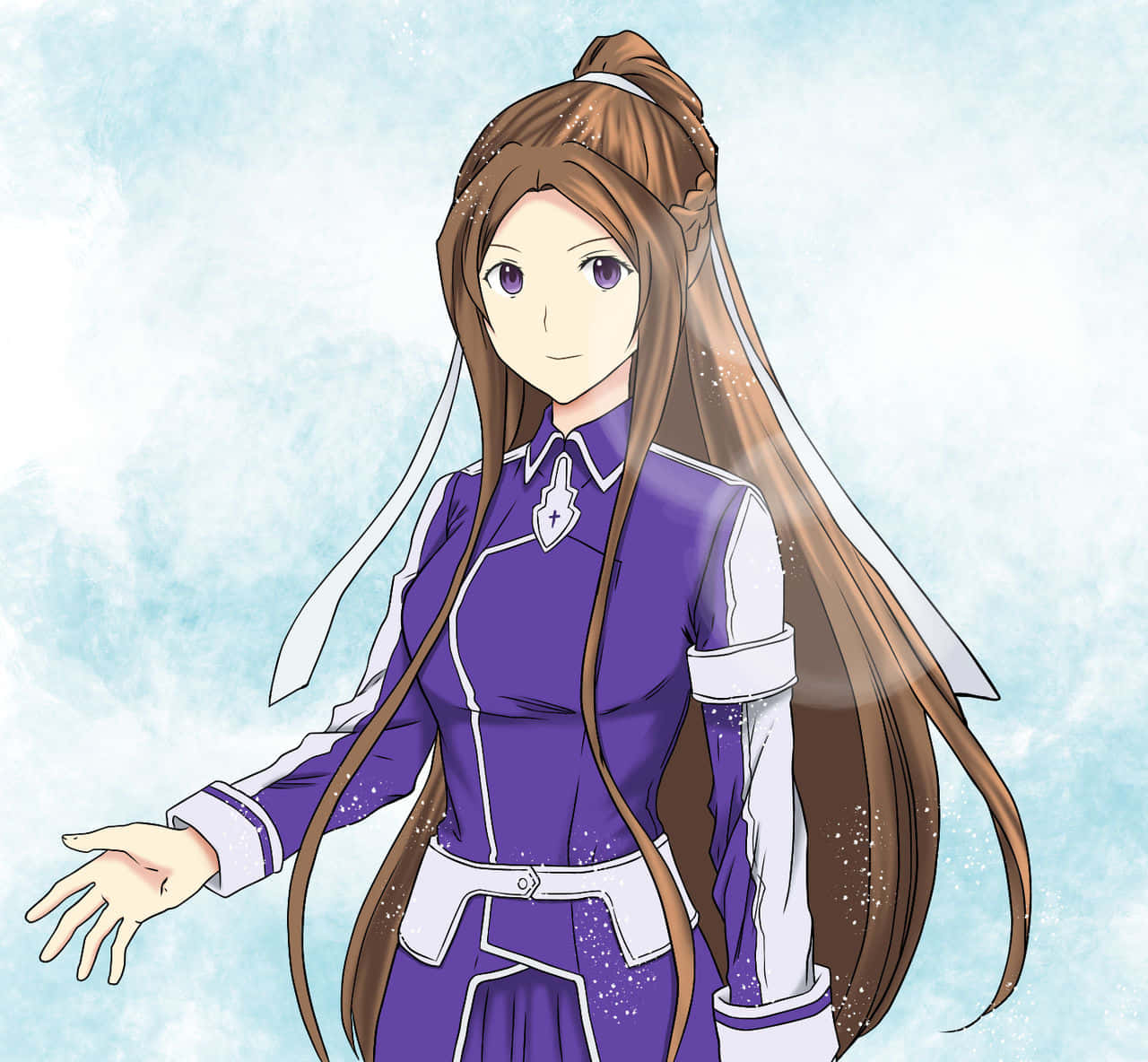 Sortiliena Serlut 桌布 壁紙 — 長棕色頭髮和紫色眼睛的動漫女孩穿著紫色和白色的服裝，背景是柔和的藍色紋理背景。