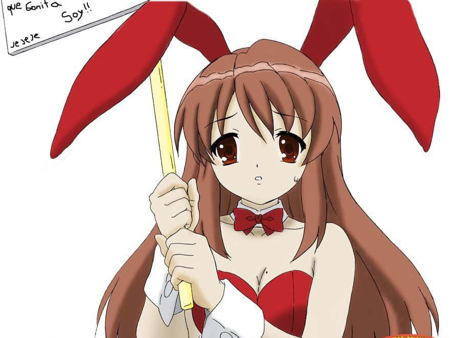 Mikuru Asahina 桌布 壁紙 — 長棕髮、戴紅色兔耳嘅動漫女仔，喺純白背景前揸住一支黃色指揮棒。
