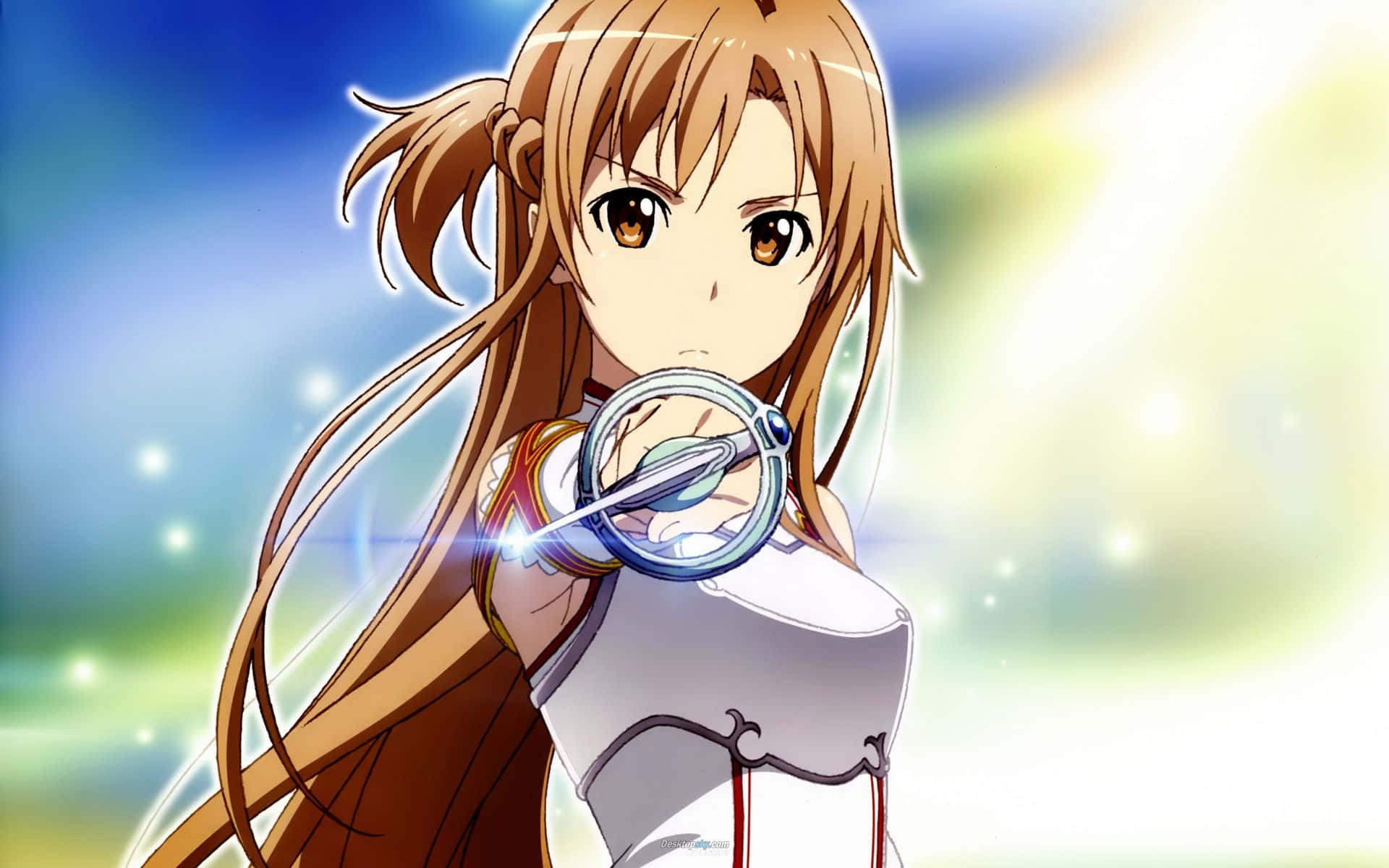 Yuuki Asuna 桌布 壁紙 — 長棕髮動漫女孩在明亮的藍黃背景下手持發光劍。