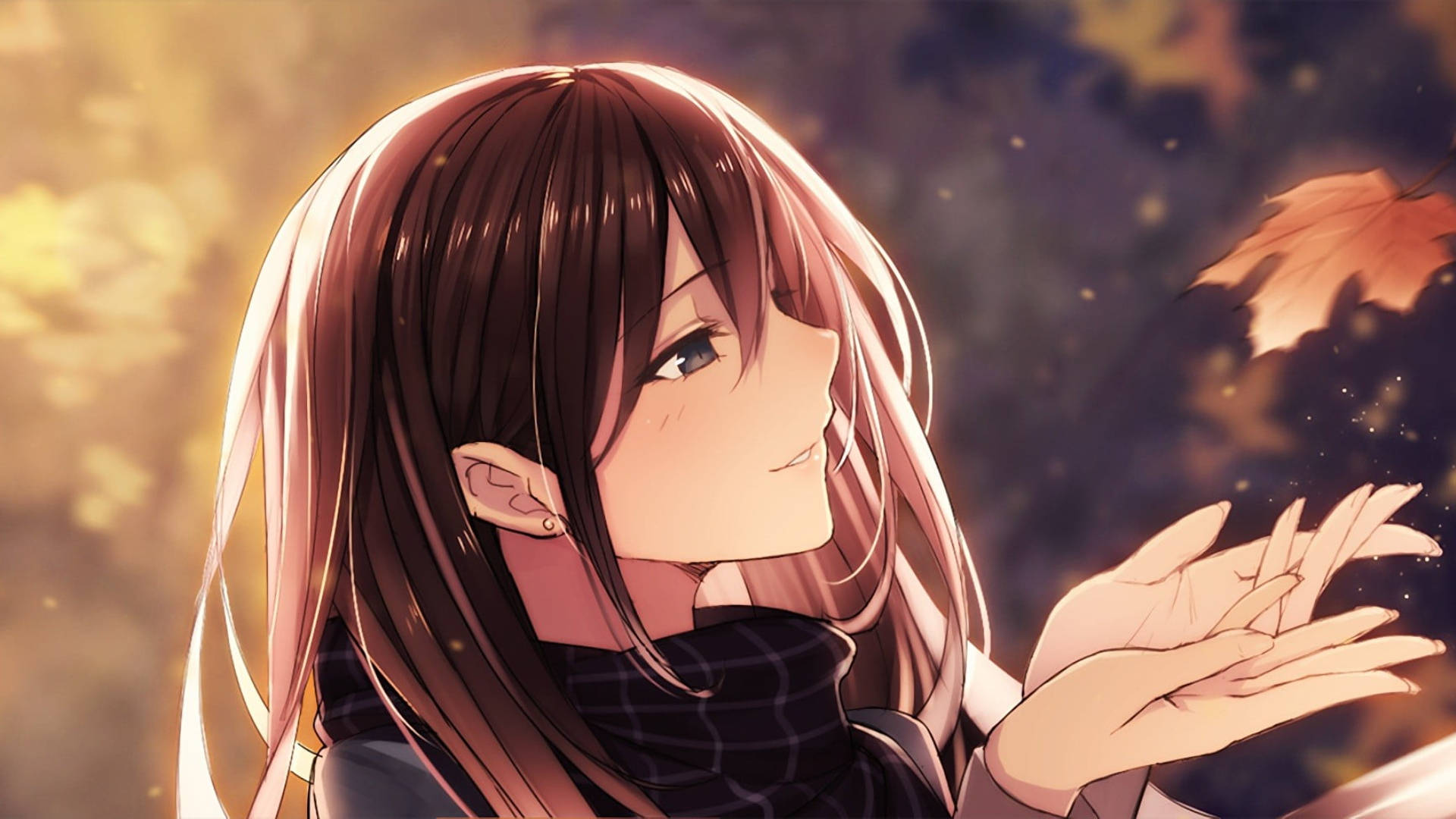 動漫女孩 桌布 壁紙 — 長棕髮動漫女孩在溫暖的金色天空下輕輕接住一片飄落的秋葉。