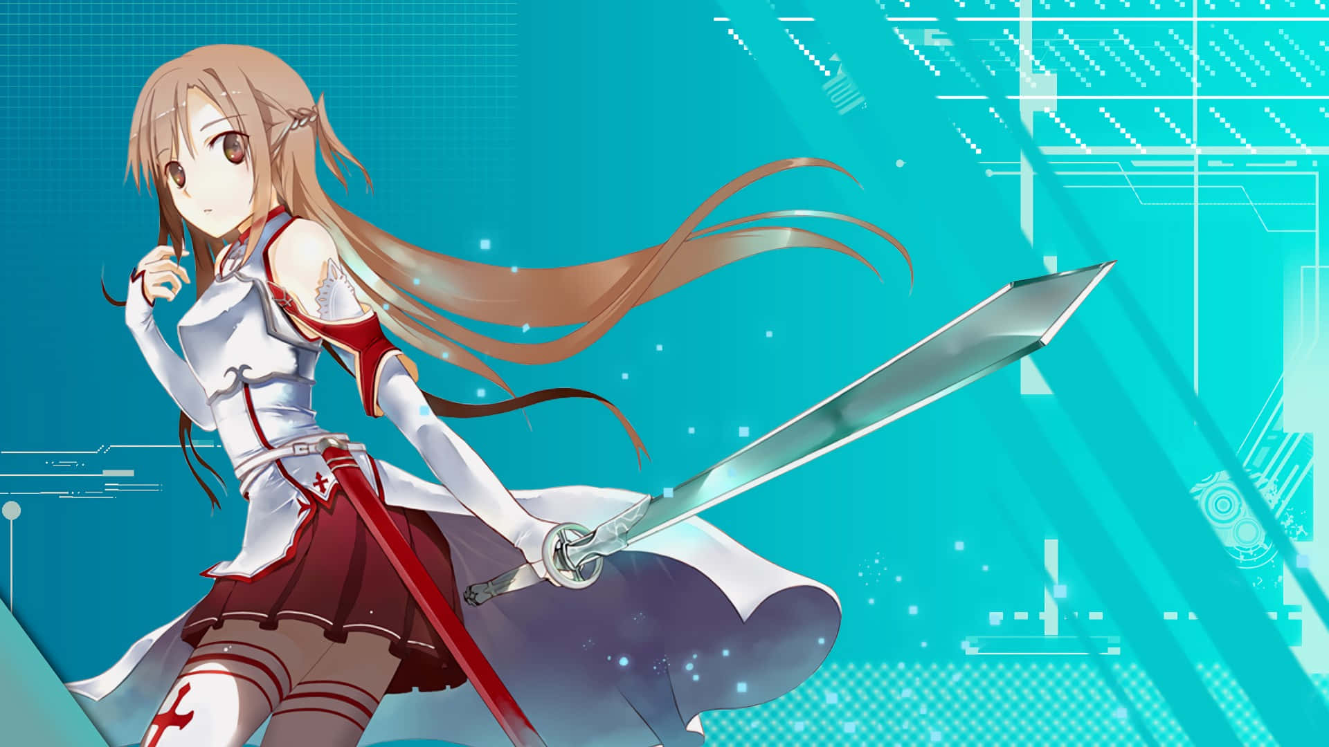 Yuuki Asuna 桌布 壁紙 — 長棕髮動漫女孩在青綠色數碼網格背景下揮舞發光劍。