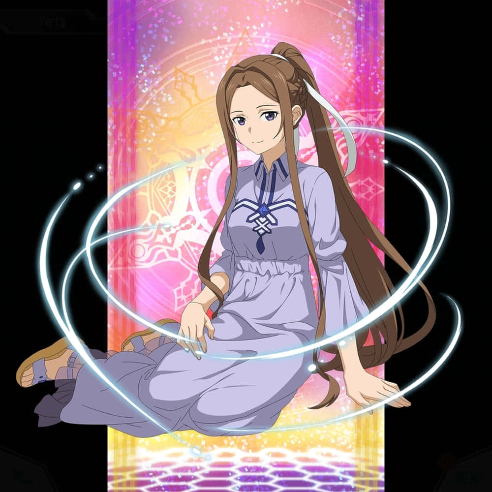 Sortiliena Serlut 桌布 壁紙 — 長棕髮動漫女孩盤腿而坐，被發光的白色圓環環繞，背景是充滿活力的粉紅和金色魔法背景。