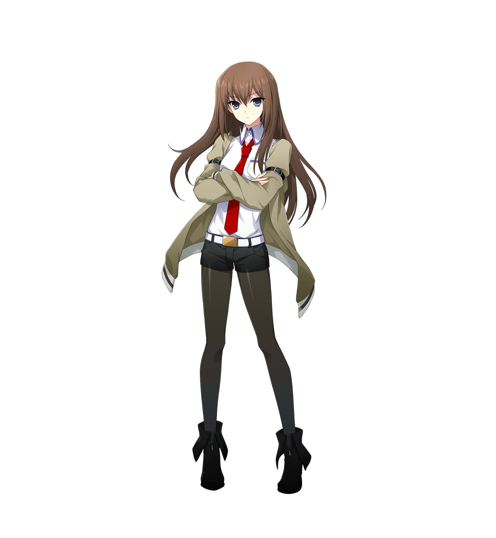 kurisu makise 桌布 壁紙 — 長棕髮動漫女孩自信地穿著校服，雙臂交叉，站在純白背景前。