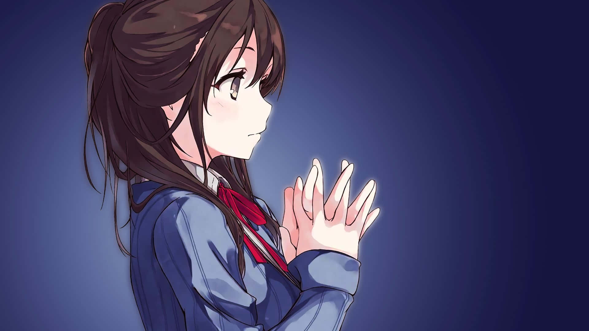 穿著校服的動畫女孩合十祈禱，充滿希望。