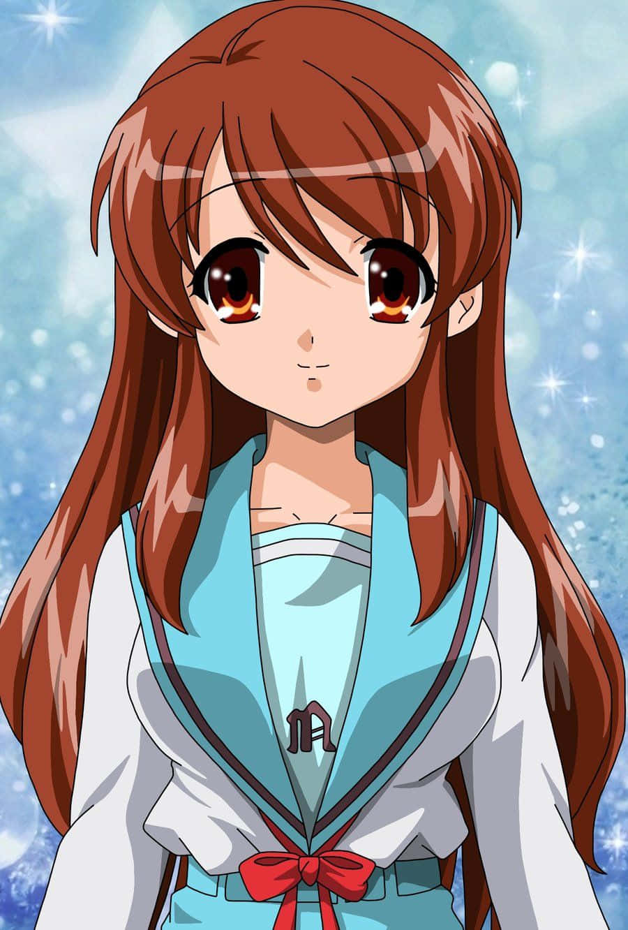 Mikuru Asahina 桌布 壁紙 — 長棕髮琥珀色眼睛的動漫女孩，穿著淺藍色水手服，背景是閃爍的藍色。