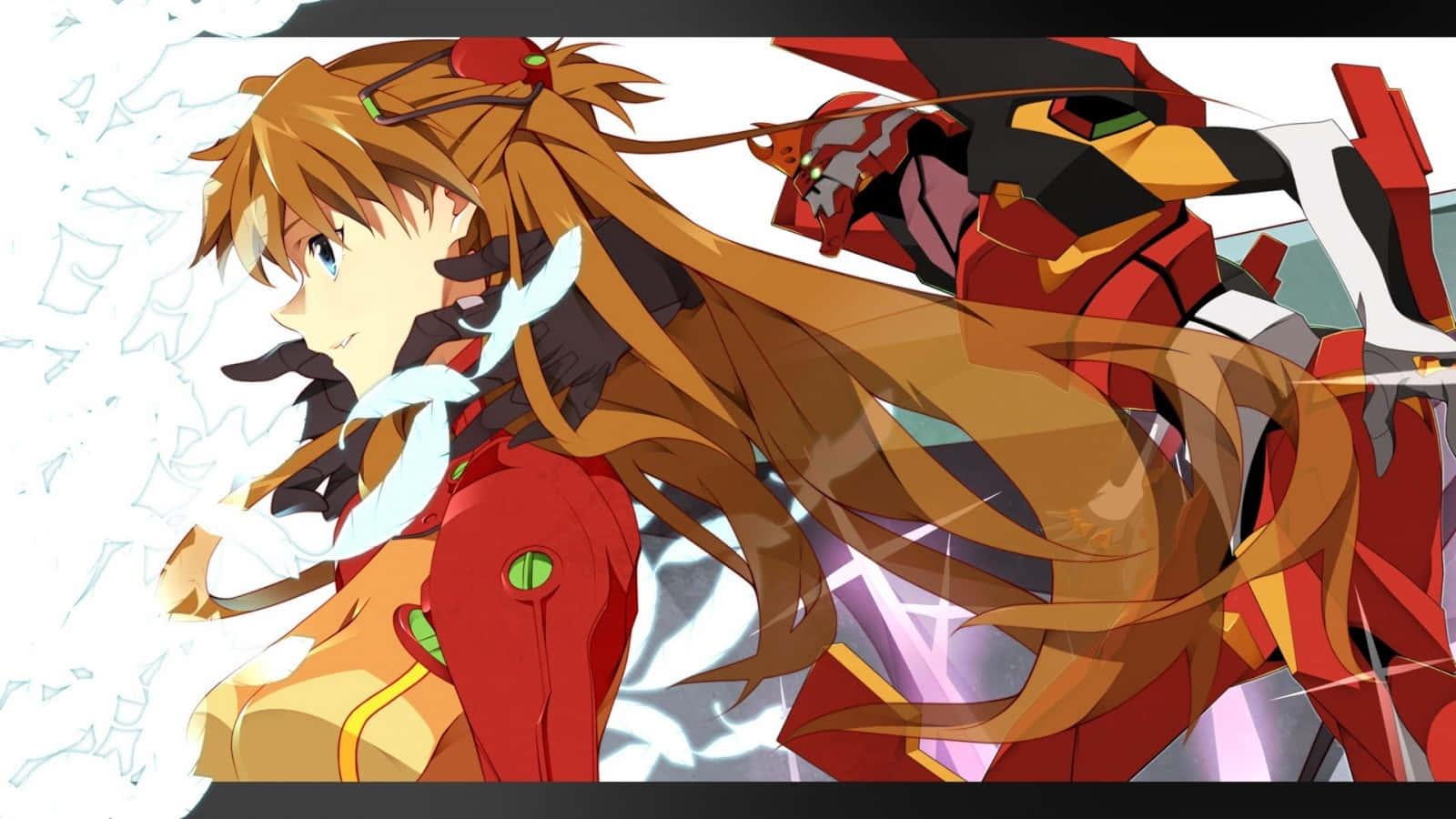 Adam Evangelion 桌布 壁紙 — 長棕髮紅衣動漫女孩站在紅色和黑色機甲旁邊，背景是破碎的玻璃。