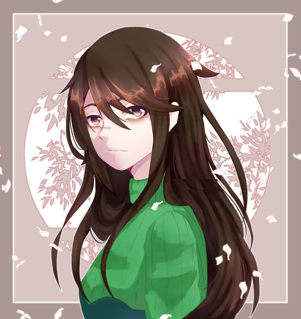 Namie Yagiri 桌布 壁紙 — 長棕髮紫眼動漫女孩穿著綠色毛衣，櫻花以柔和粉彩圍繞她飄落。
