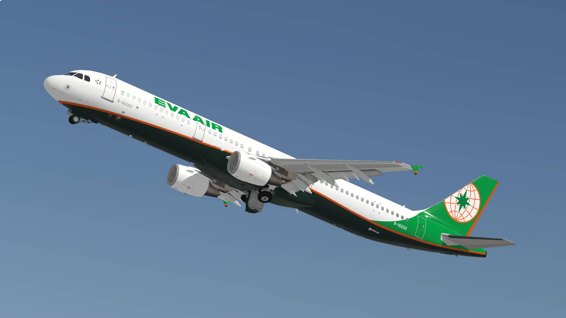 EVA Air 飛機喺晴朗藍天中飛行，起落架放下。