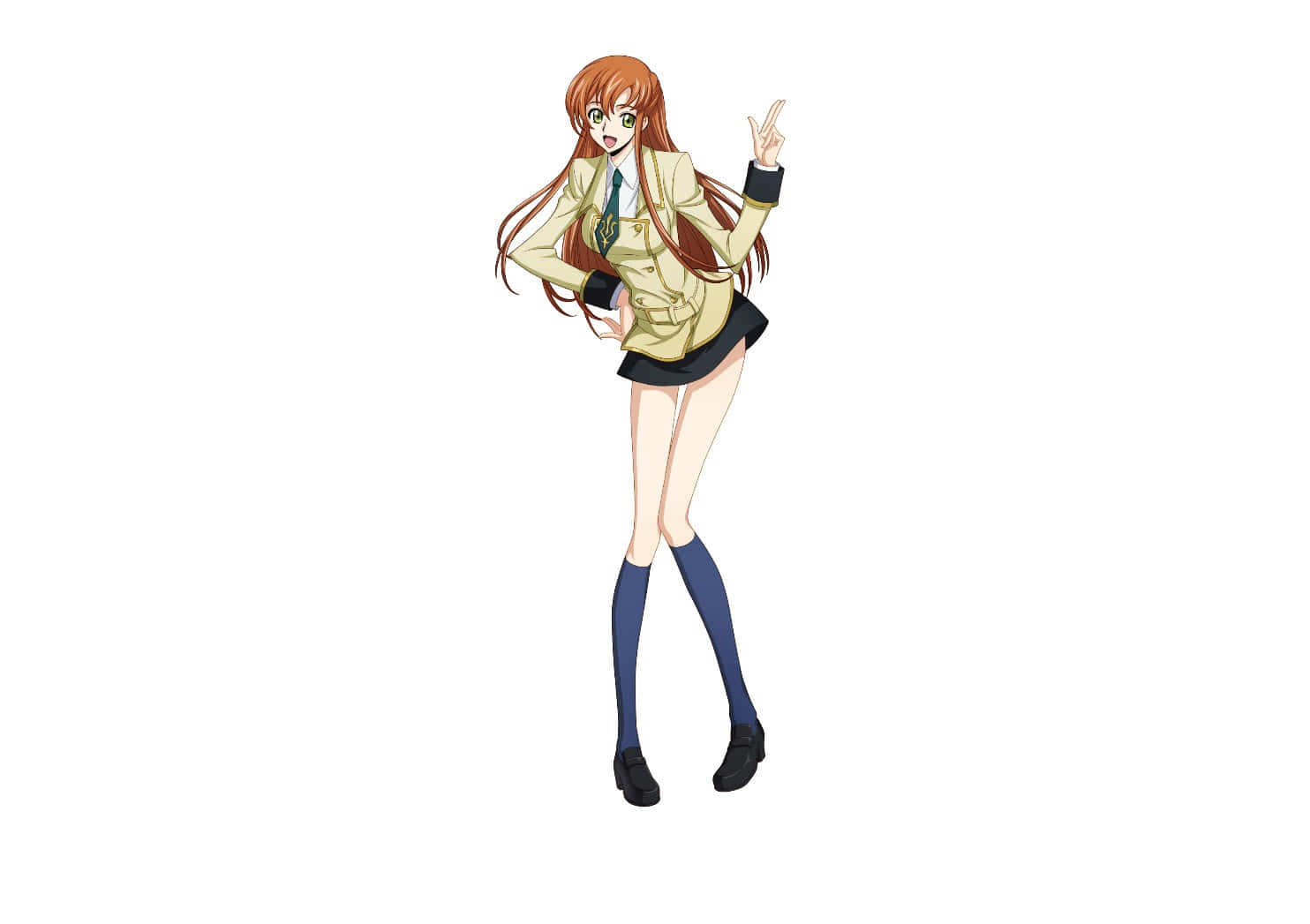 Shirley Fenette 桌布 壁紙 — 長橙色頭髮的動漫女孩穿著米色校服，在純白色背景前擺出俏皮的姿勢。
