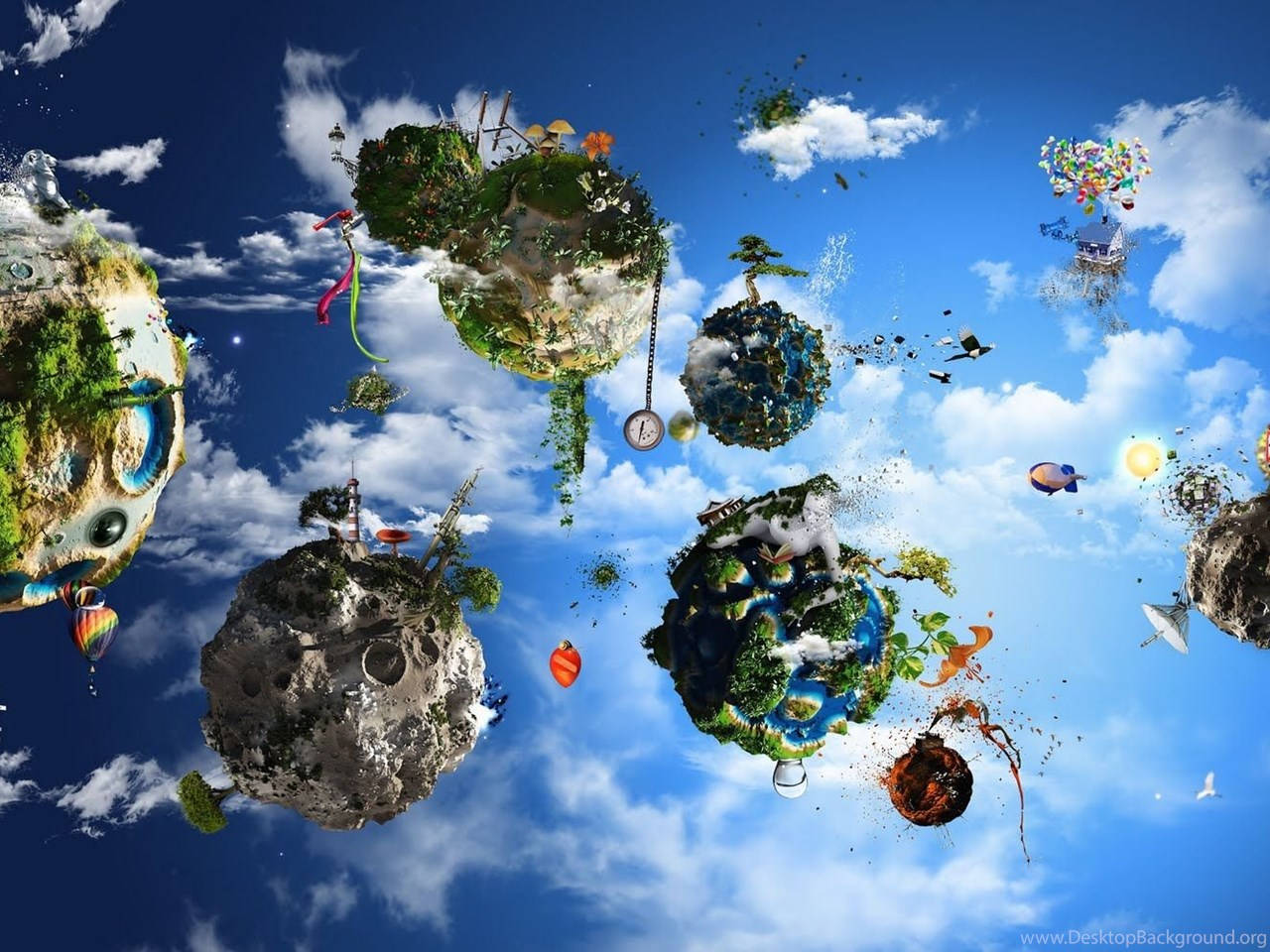 World 桌布 壁紙 — 長滿茂密森林和奇特建築的浮島，在點綴著蓬鬆雲朵的明亮藍天中飄浮。