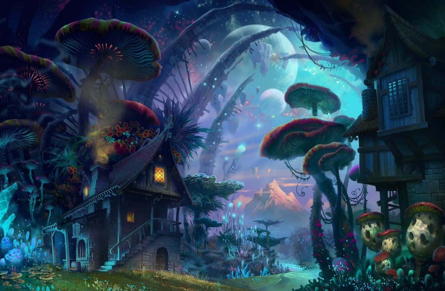 星空暮色下，奇幻村莊有發光蘑菇和漂浮球體。