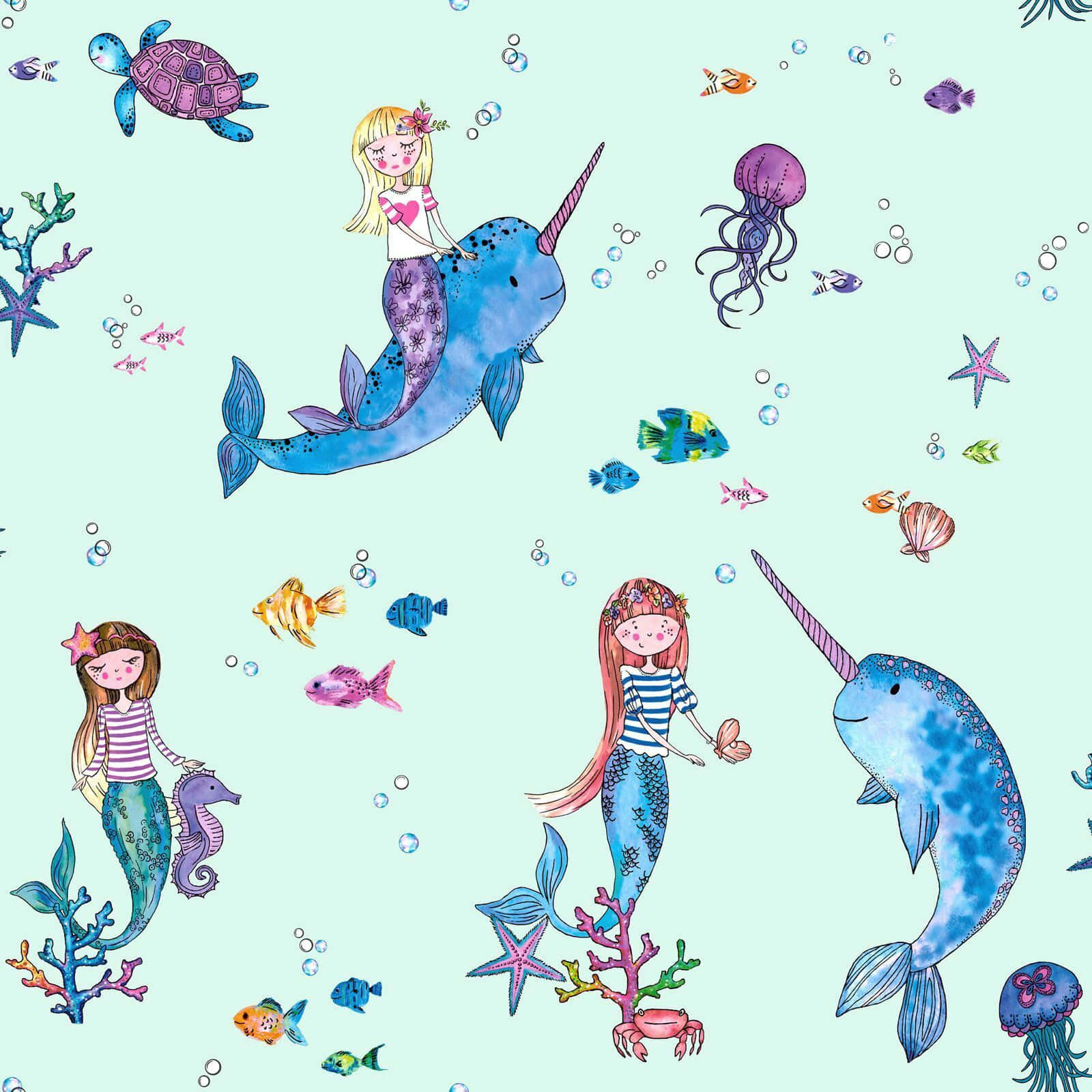 長牙鯨在北極海域悠遊 壁紙 — 薄荷色背景上，美人魚、獨角鯨和海洋生物在珊瑚和氣泡中游動的夢幻水下場景。
