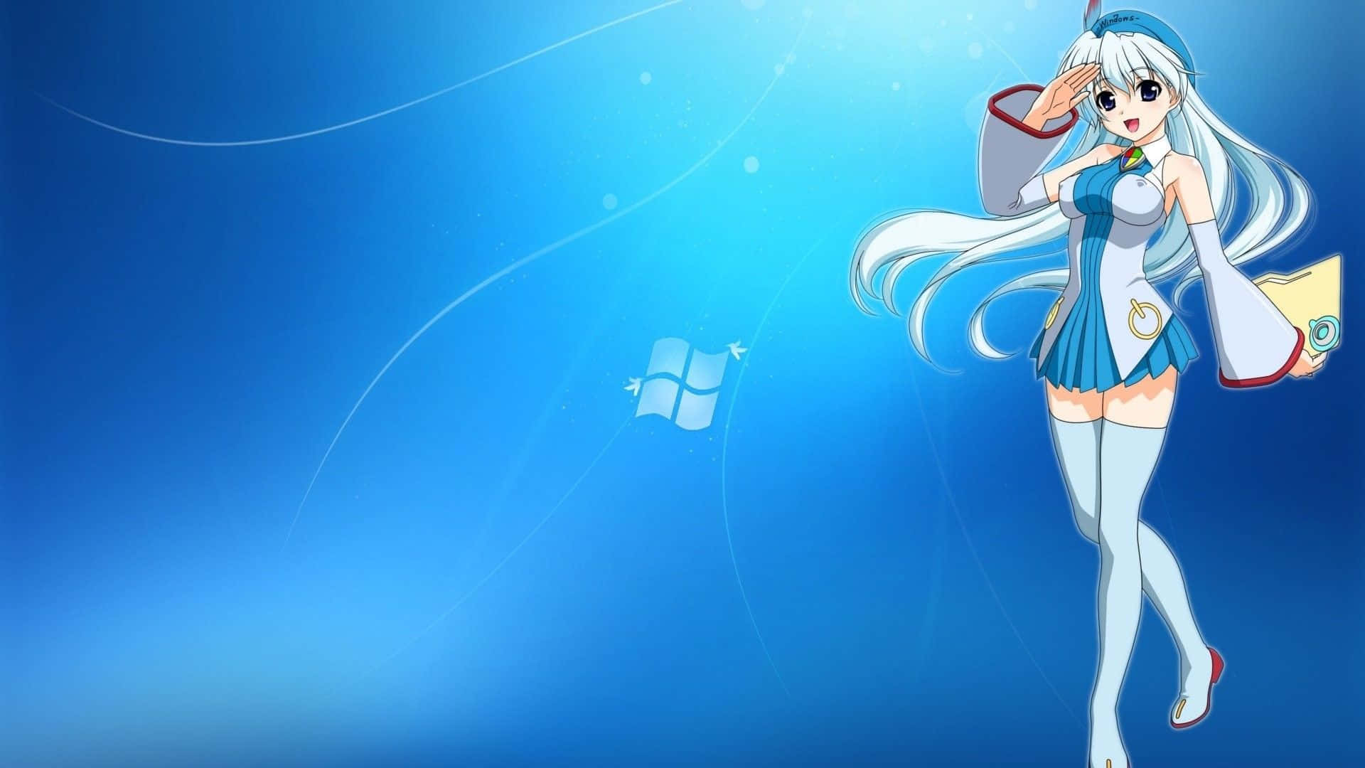 Anime Pc 桌布 壁紙 — 長白髮動漫少女在漸變藍色背景前敬禮，背景有浮動的Windows標誌。