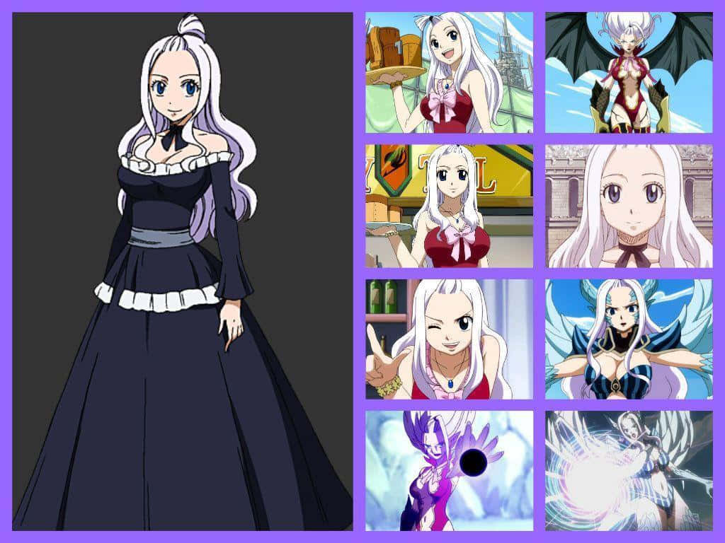 Mirajane Strauss 桌布 壁紙 — 長白髮的動漫角色以多種服裝和姿勢出現在拼貼畫中。
