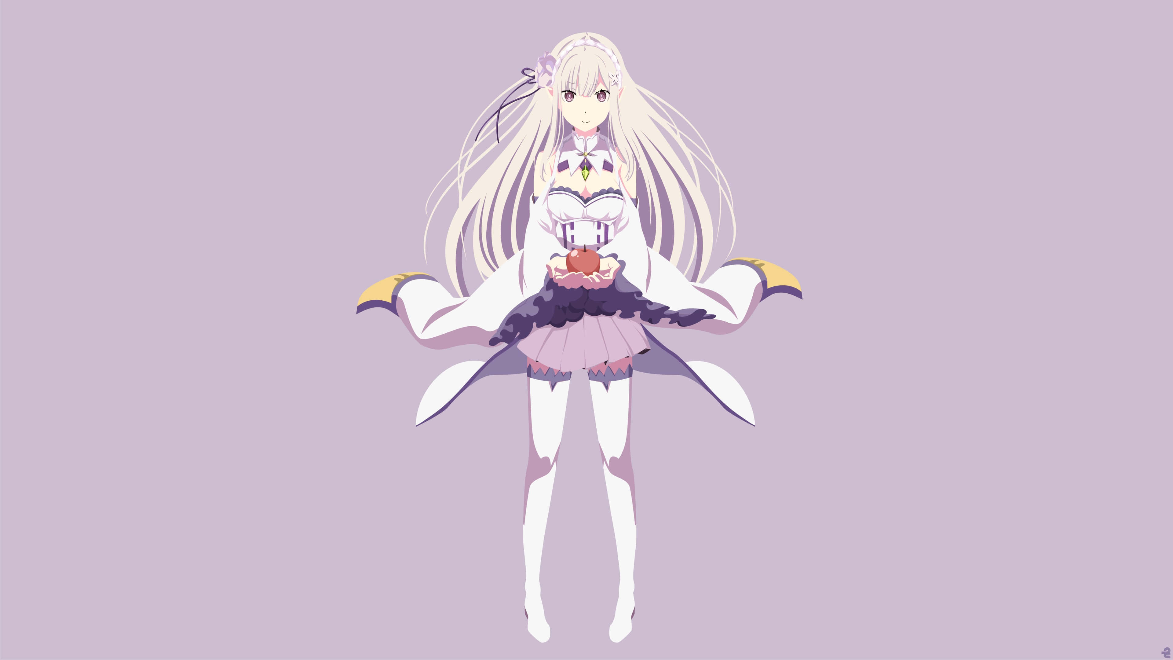 Re Zero Emilia 桌布 壁紙 — 長白髮貓耳動漫女孩在柔和的薰衣草背景前拿著一個紅蘋果。