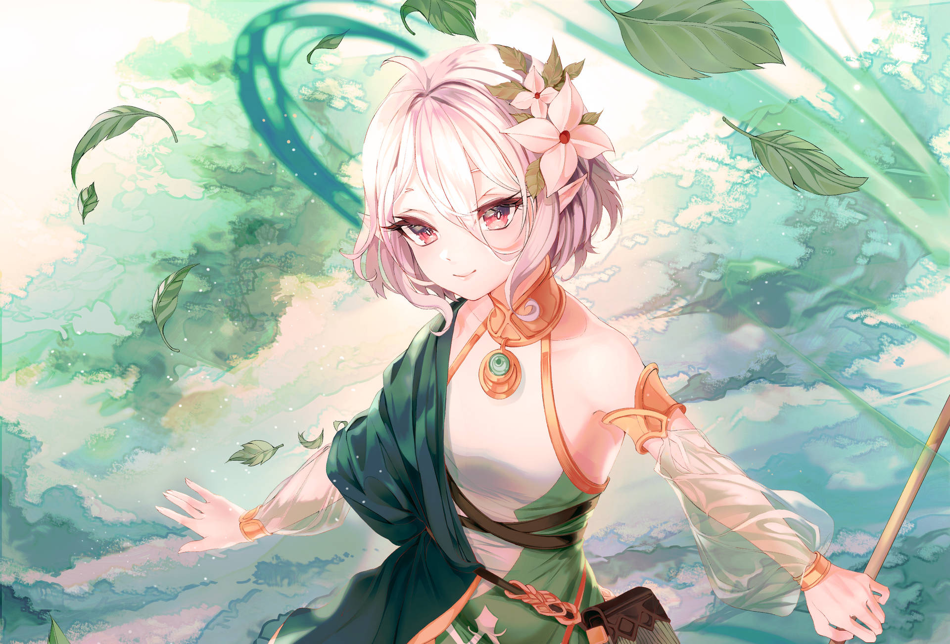 粉紅色頭髮和花卉飾品的動漫女孩漂浮在綠色葉風中。