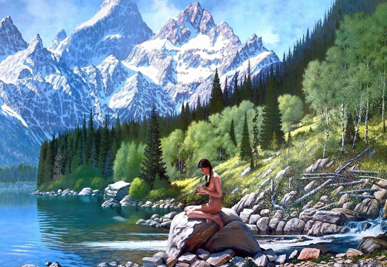 裸體女性在森林和雪峰環繞的山間湖泊冥想。