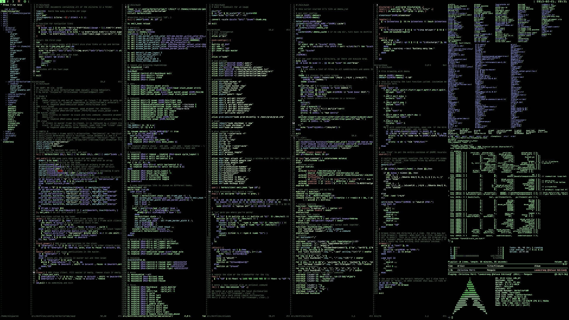 長篇程式碼 壁紙 — 一個黑暗的螢幕，充滿了層疊的彩色終端代碼，右下角有一個綠色的終端標誌。