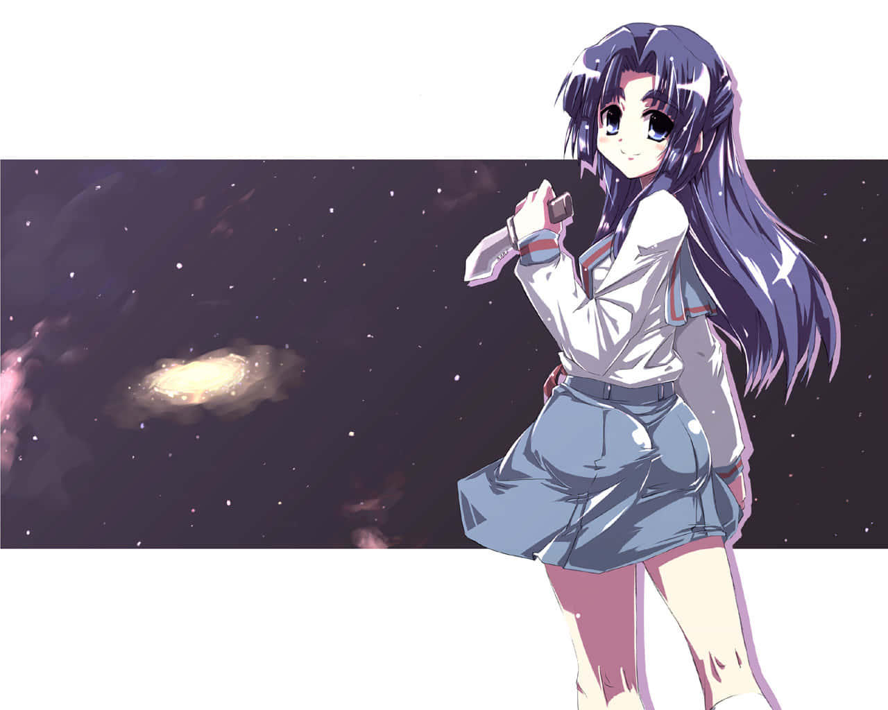 Ryoko Asakura 桌布 壁紙 — 長紫髮動漫女孩站在星光宇宙背景前，背景有發光的螺旋星系。