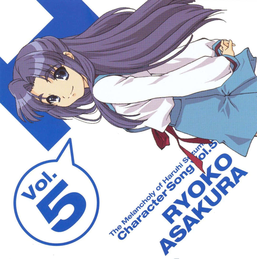 Ryoko Asakura 桌布 壁紙 — 長紫髮藍裙動漫少女斜躺在藍白幾何背景上。