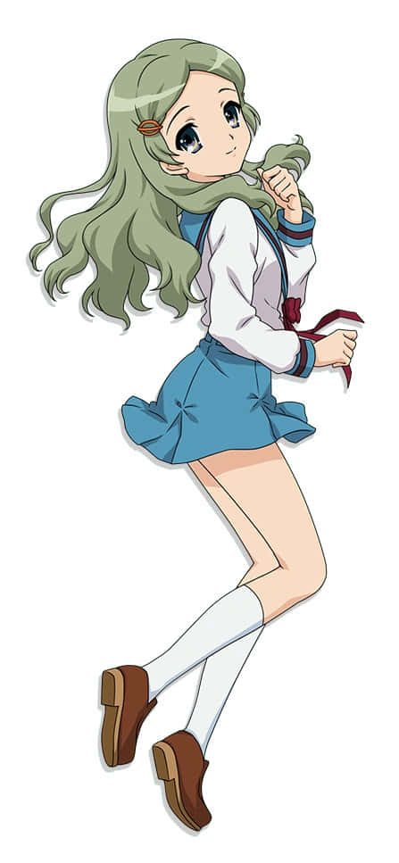 Emiri Kimidori 桌布 壁紙 — 長綠髮的動漫女孩穿著藍色校服，微笑著頑皮地拿著圍巾。