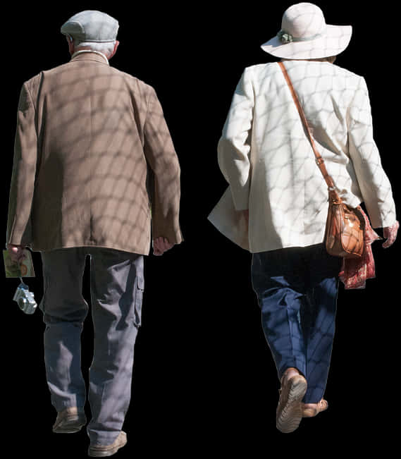 長者情侶同行 壁紙 — 一對老夫婦背向觀眾走開，陽光在他們背上投下網格狀陰影，背景為黑色。