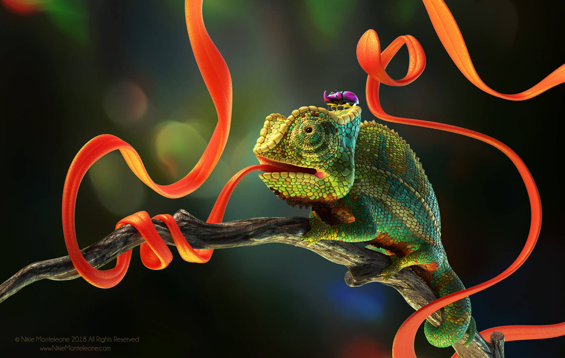 樹枝上的彩色變色龍，發光的橙色絲帶在它周圍盤旋。