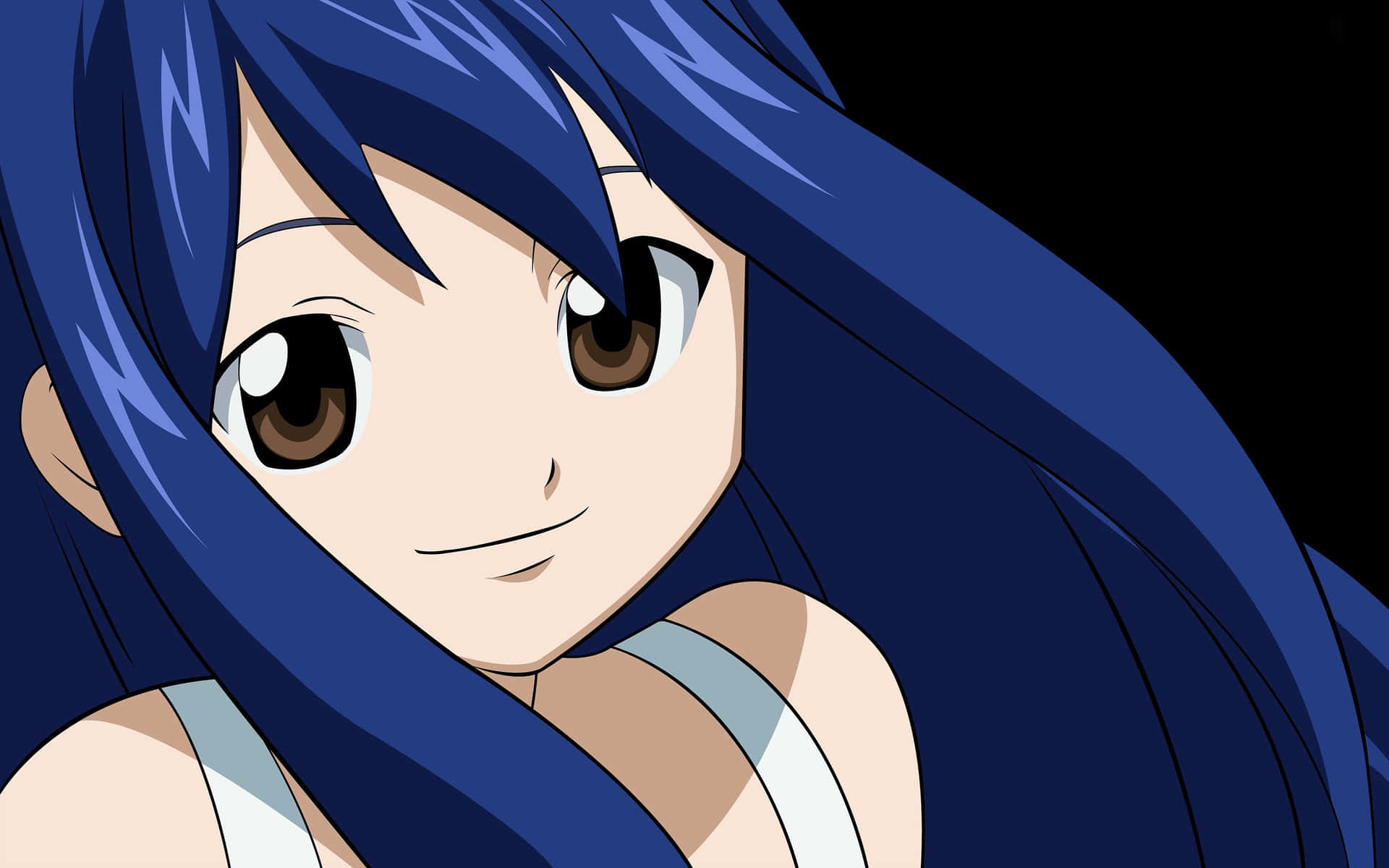Wendy Marvell 桌布 壁紙 — 長藍色頭髮和棕色眼睛的動漫女孩在黑色背景上溫柔地微笑。