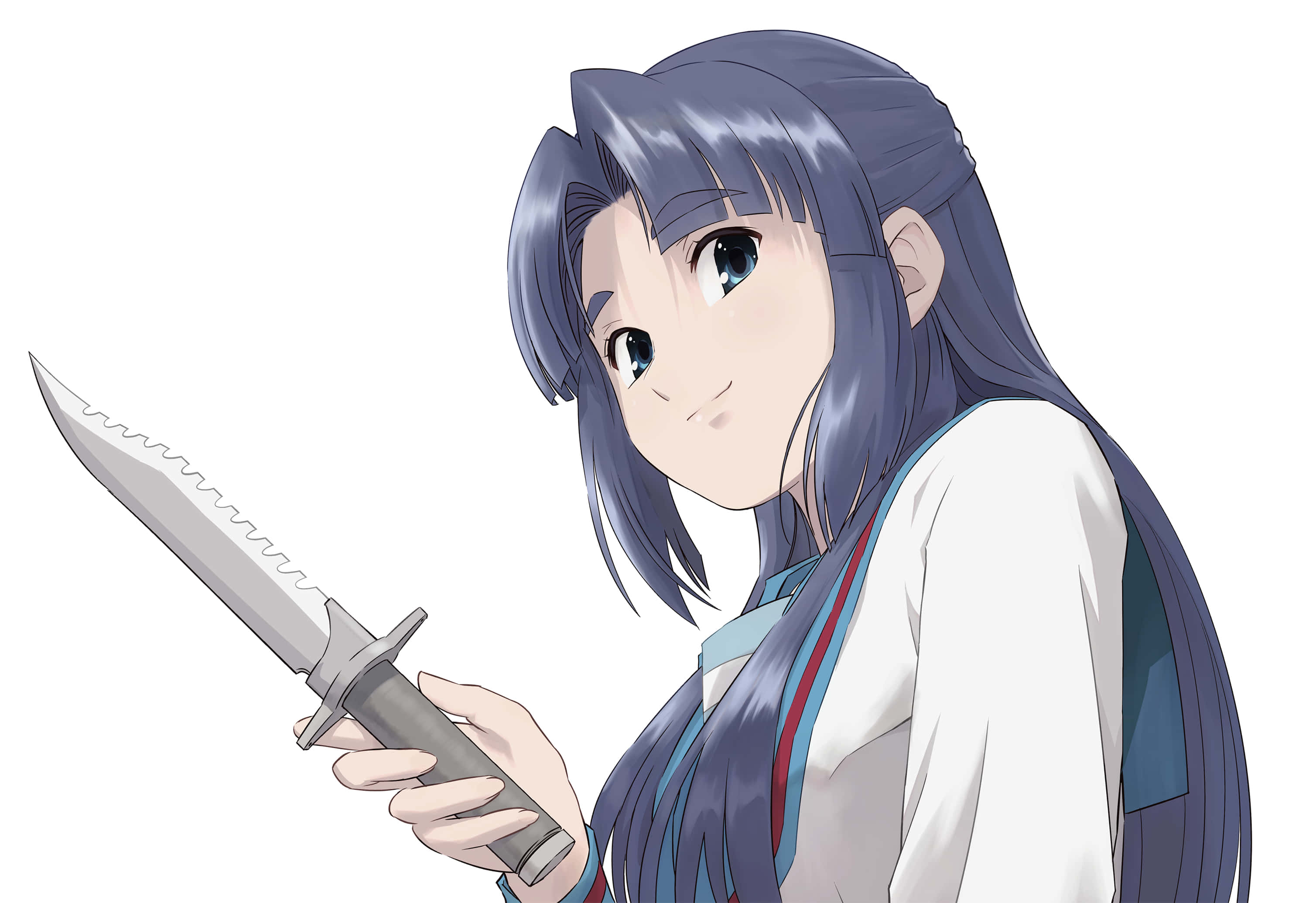 Ryoko Asakura 桌布 壁紙 — 長藍色頭髮的動漫女孩在純白色背景前拿著一把鋸齒刀。