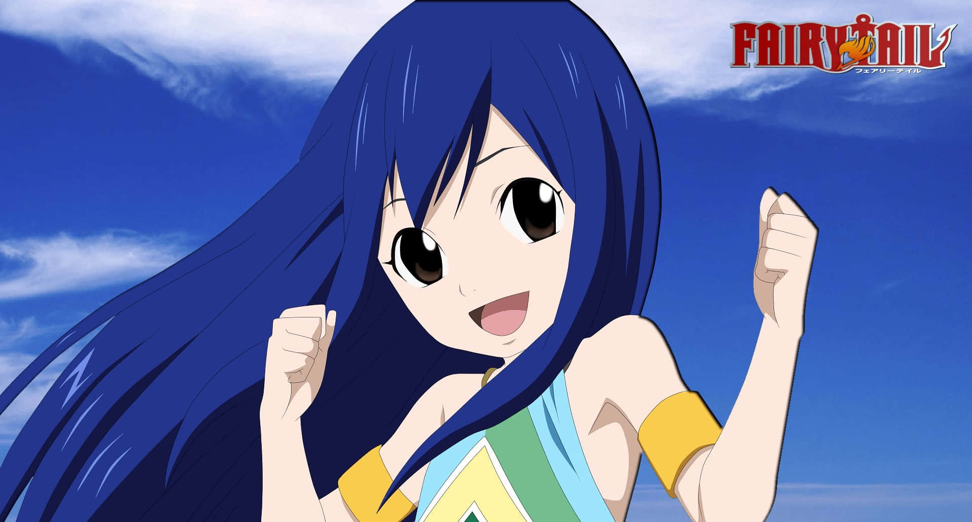Wendy Marvell 桌布 壁紙 — 長藍髮、明亮眼睛的動畫女孩，在藍天白雲下開心地微笑。