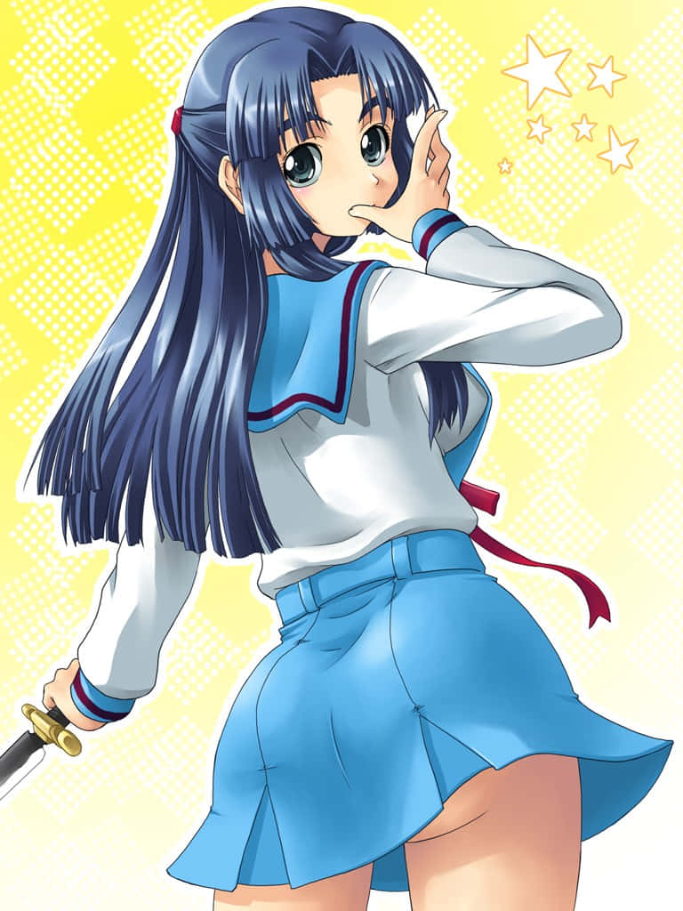 Ryoko Asakura 桌布 壁紙 — 長藍髮動漫少女穿著水手服，在黃色星空背景下俏皮地擺姿勢，手持一把劍。