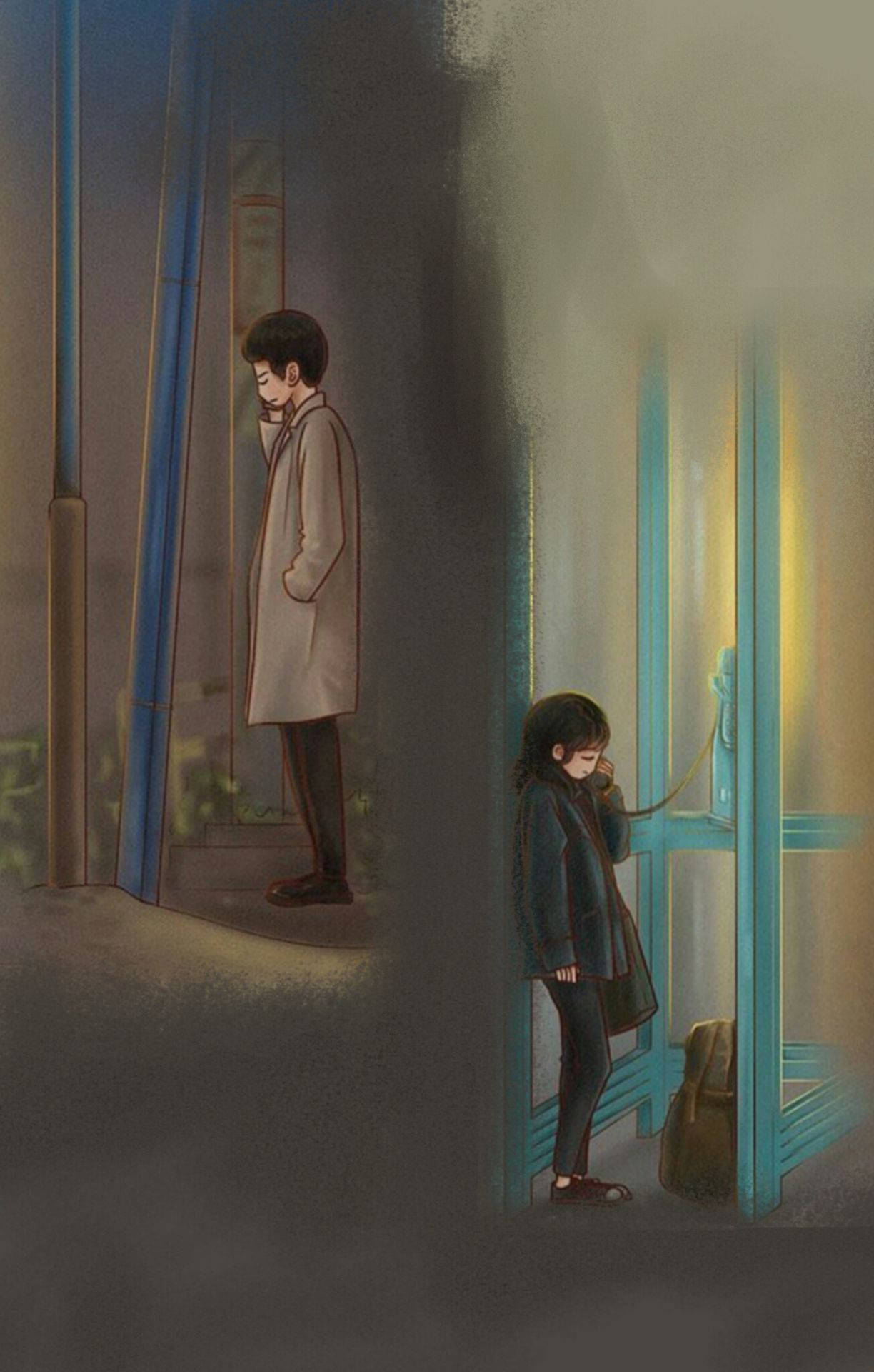 長距離戀愛溫馨畫作 壁紙 — 一個男孩和一個女孩夜晚站在昏暗的小巷中，被一個發光的藍色電話亭分隔，營造出安靜憂鬱的氛圍。